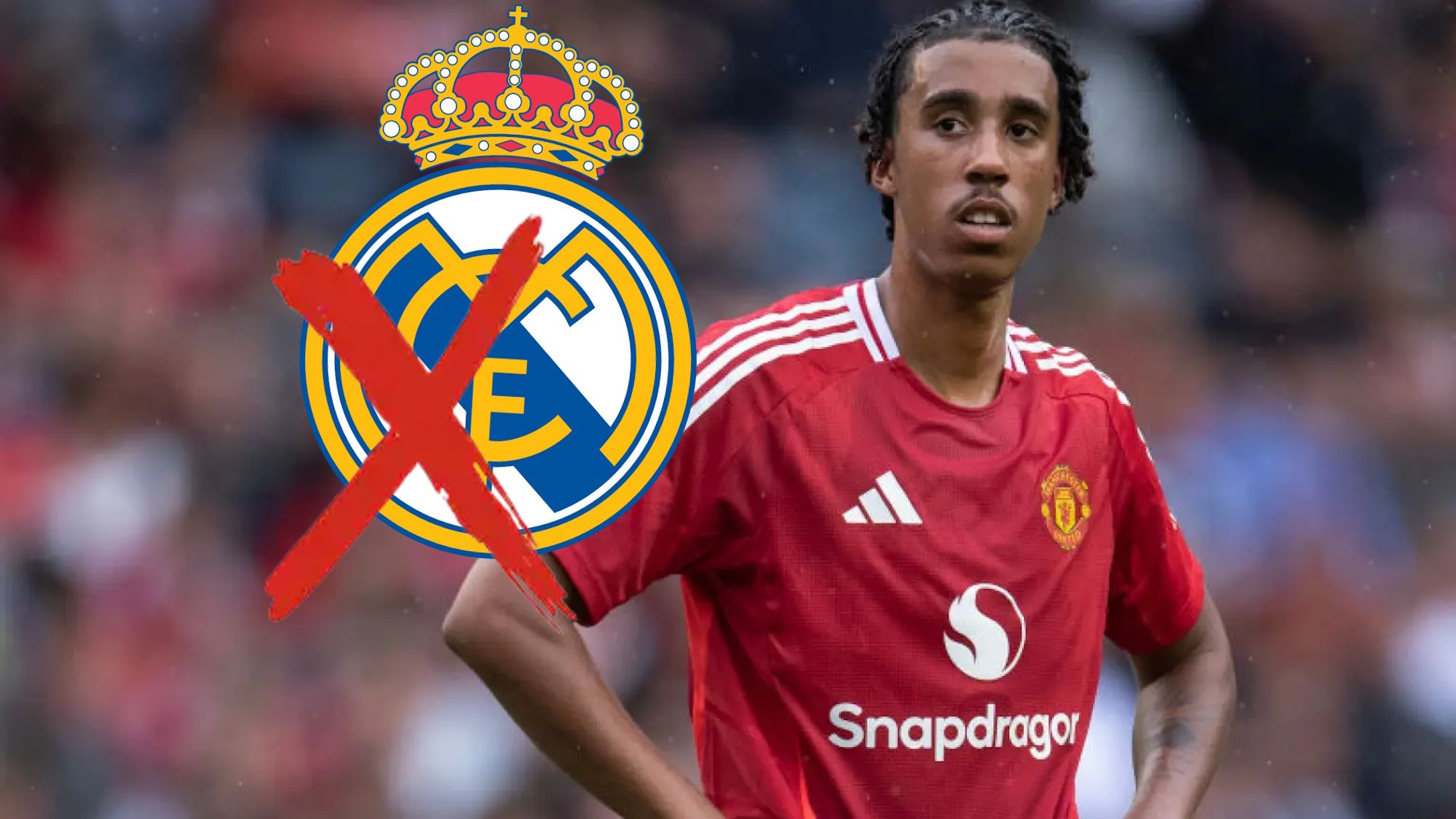 Leny Yoro habla con escudo Real Madrid tachado Leny Yoro habla con escudo Real Madrid tachado