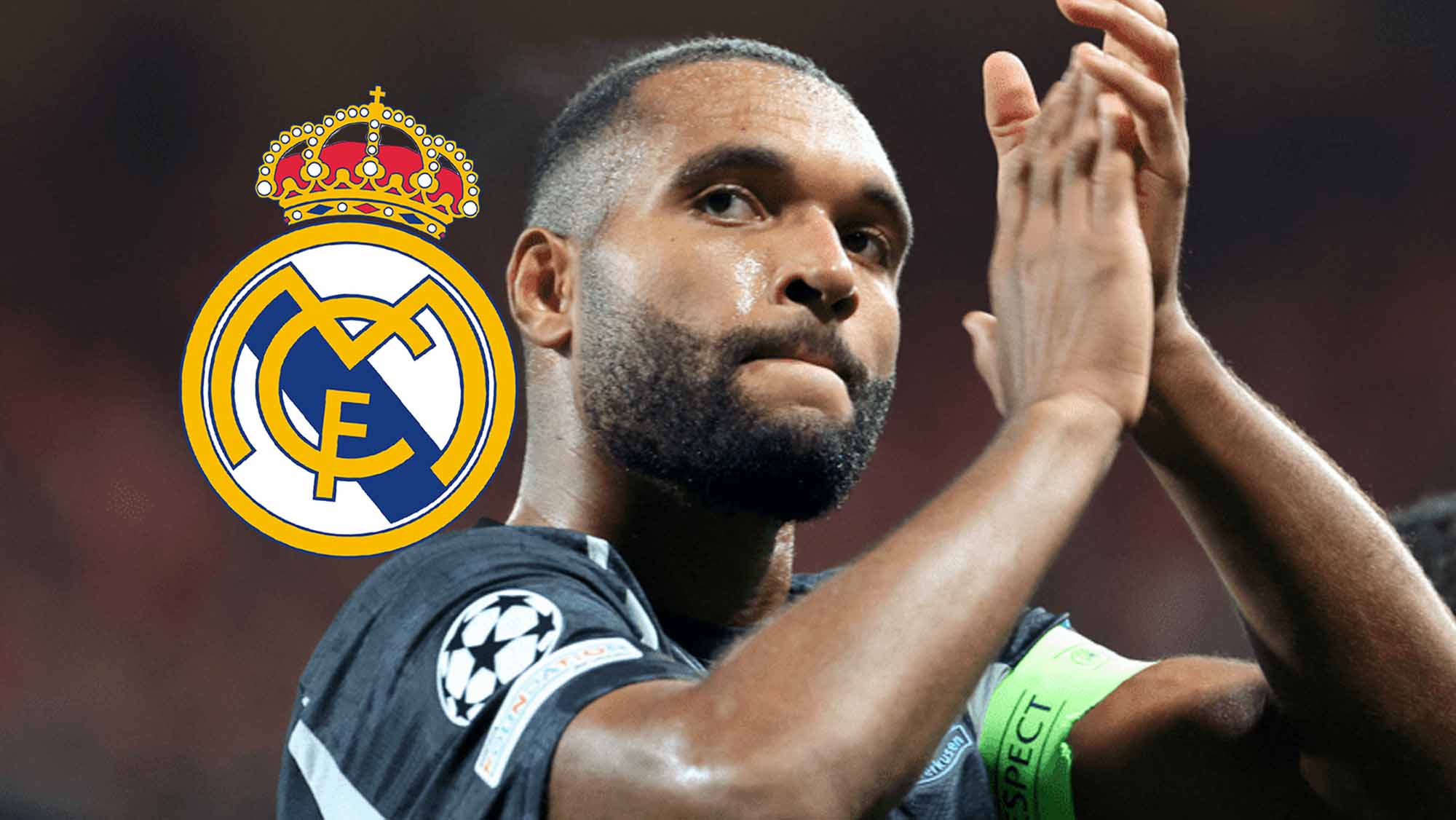 Joanathan Tah y escudo del Real Madrid