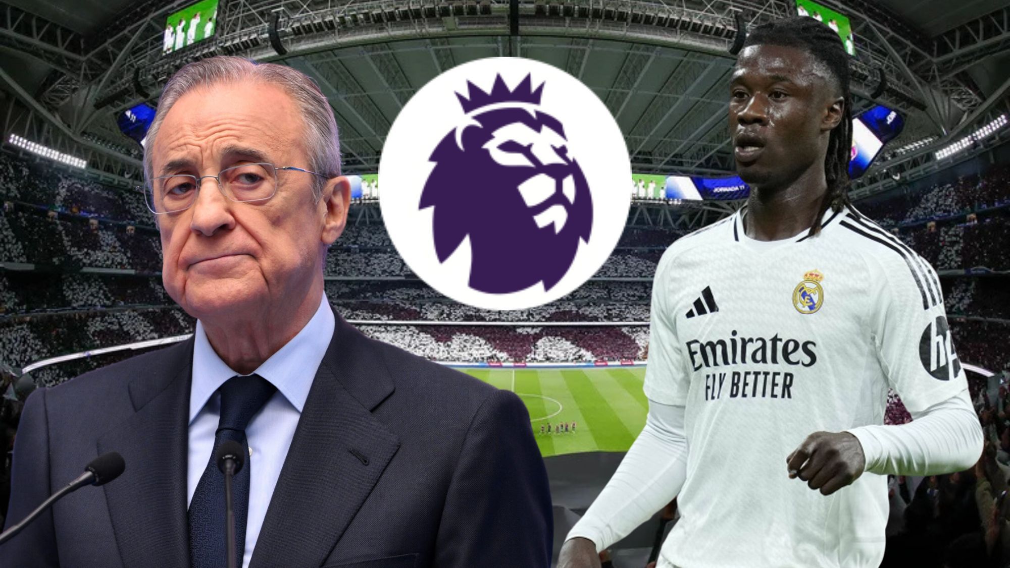 Florentino, logo de la Premier League y Camavinga
