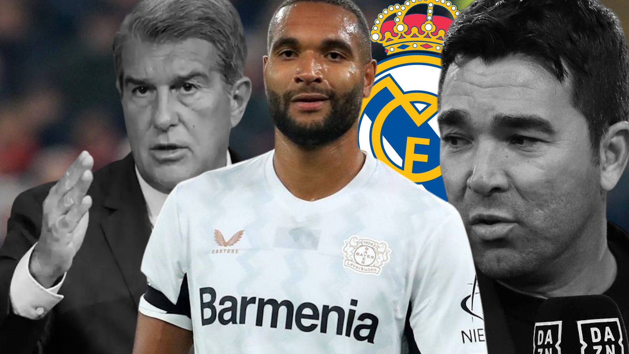 Jonathan Tah delante con Laporta y Deco en blanco y negro y escudo Real Madrid
