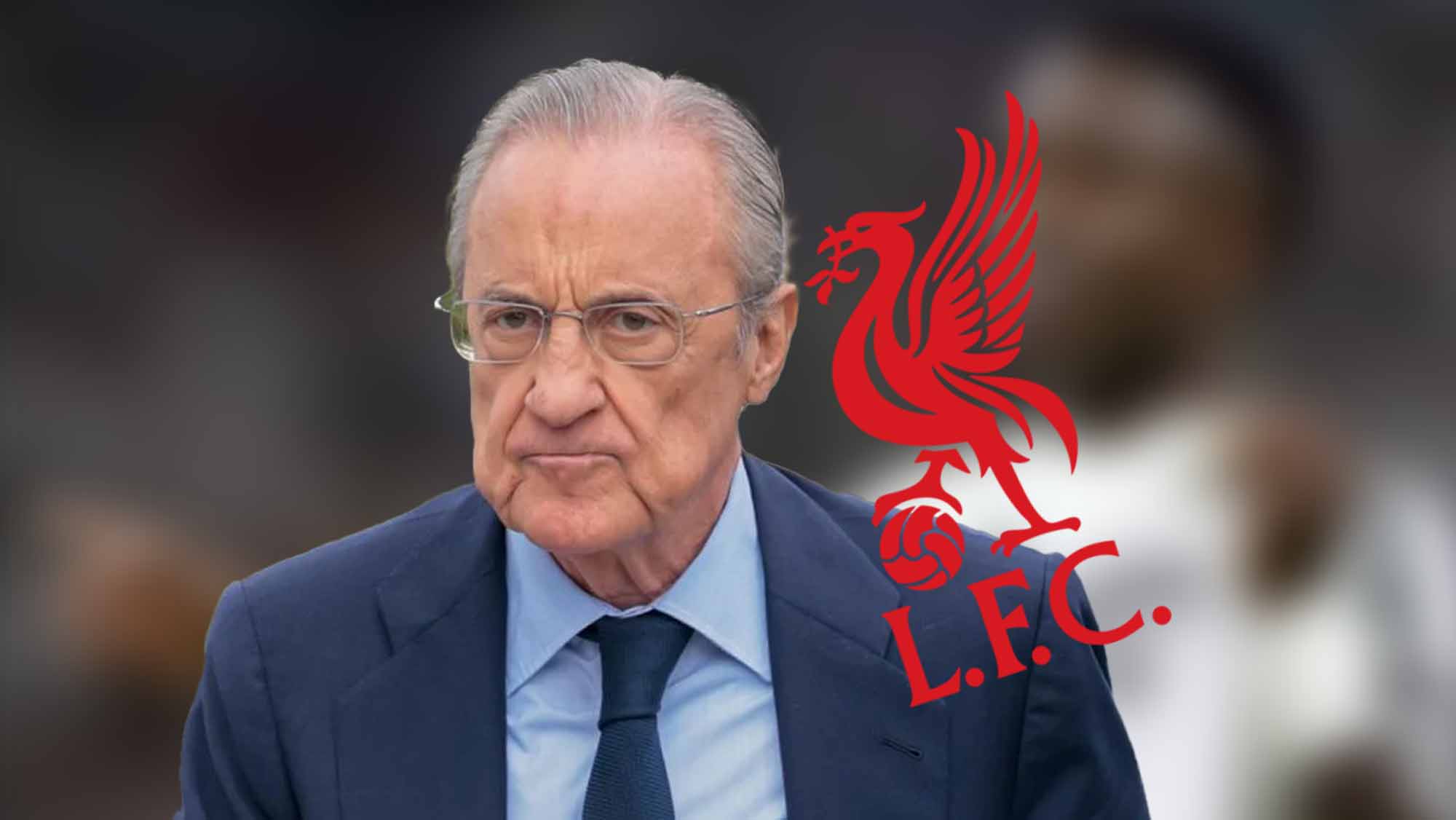 Florentino Pérez serio con jugador de incógnito y escudo Liverpool Florentino Pérez serio con jugador de incógnito y escudo Liverpool