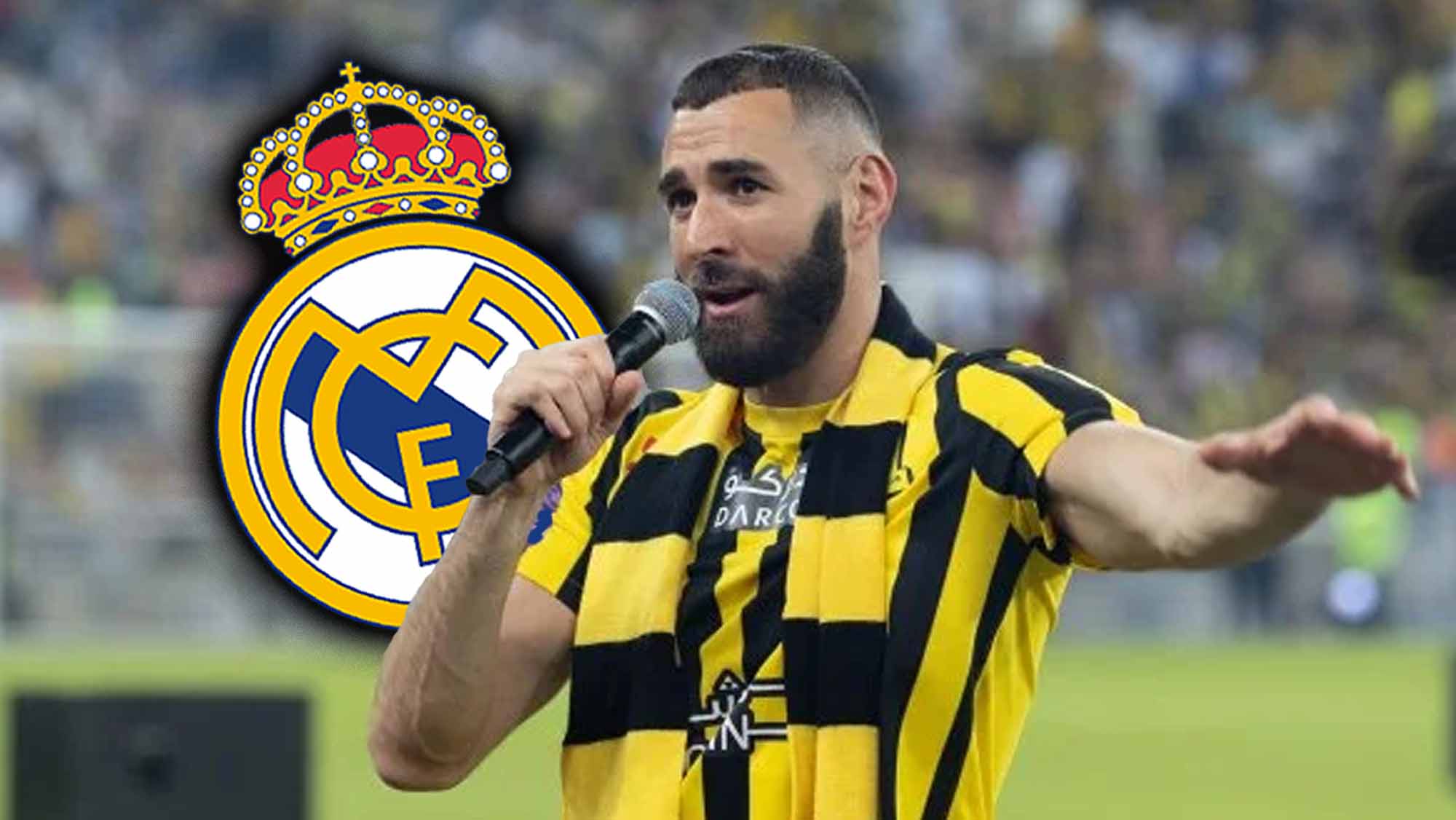 Benzema hablando con escudo RM