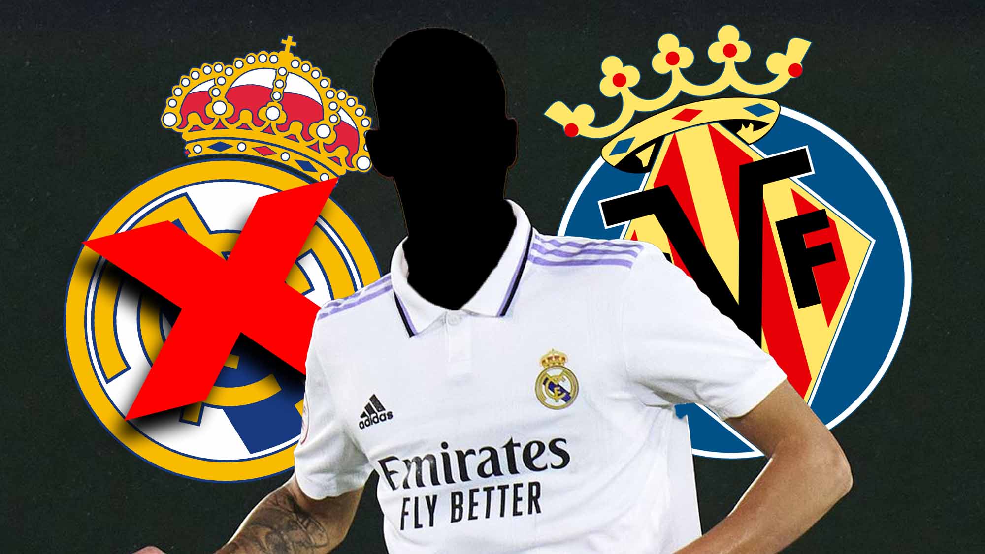 Jugador del Madrid de incógnito con escudo RM tachado y escudo Villarreal