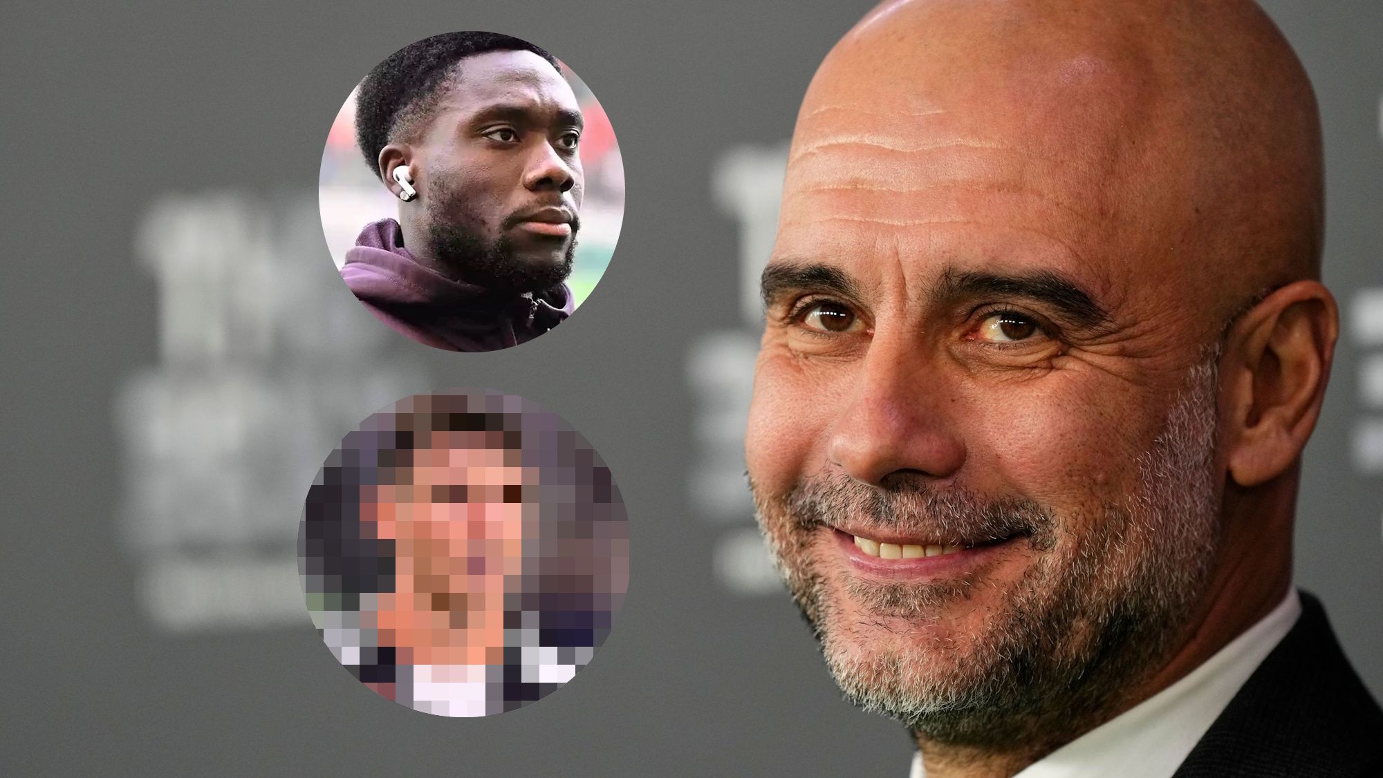 Guardiola sonriente con Davies y jugador de incógnito en círculo
