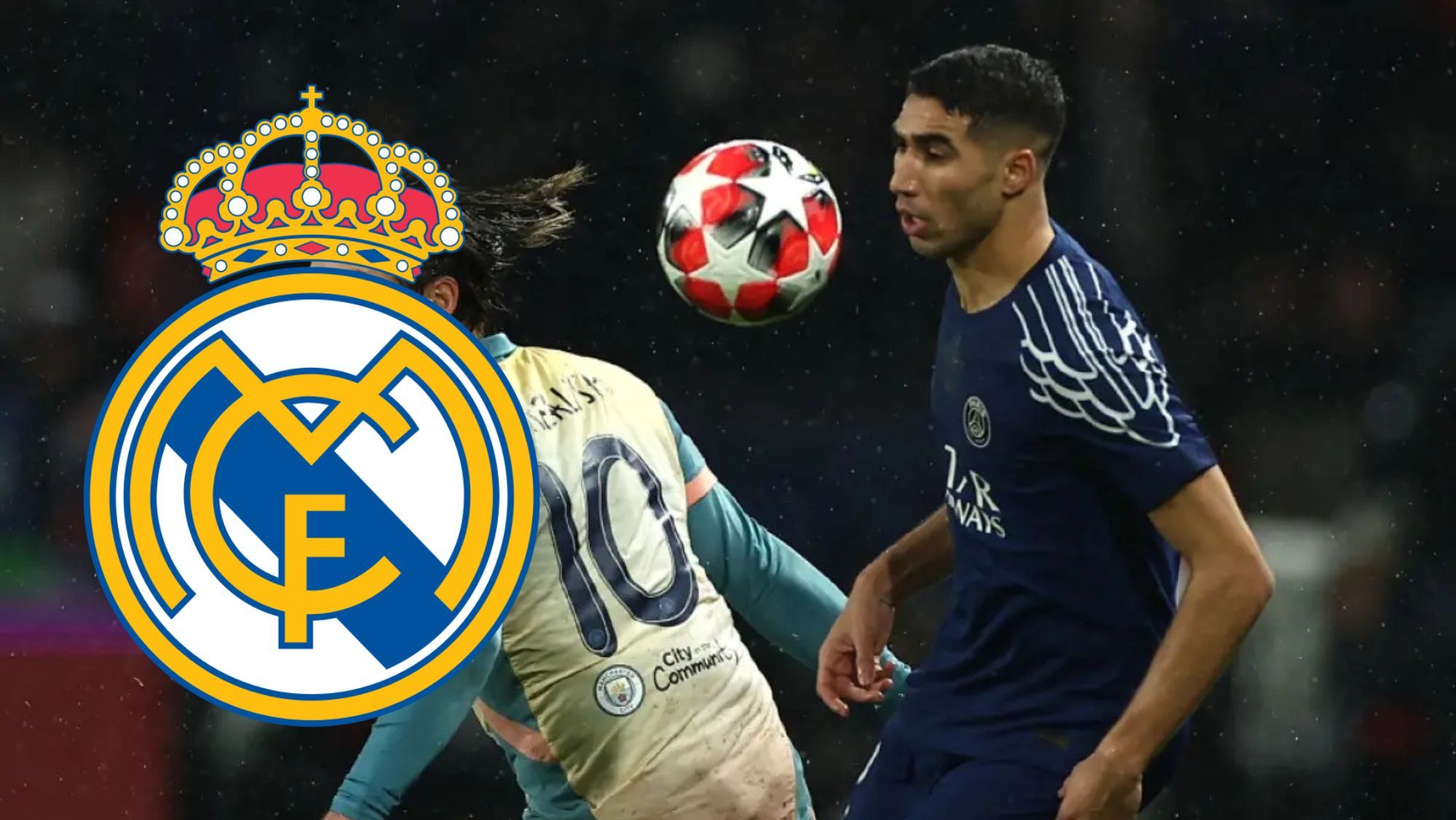 Achraf con el PSG y escudo del Real Madrid