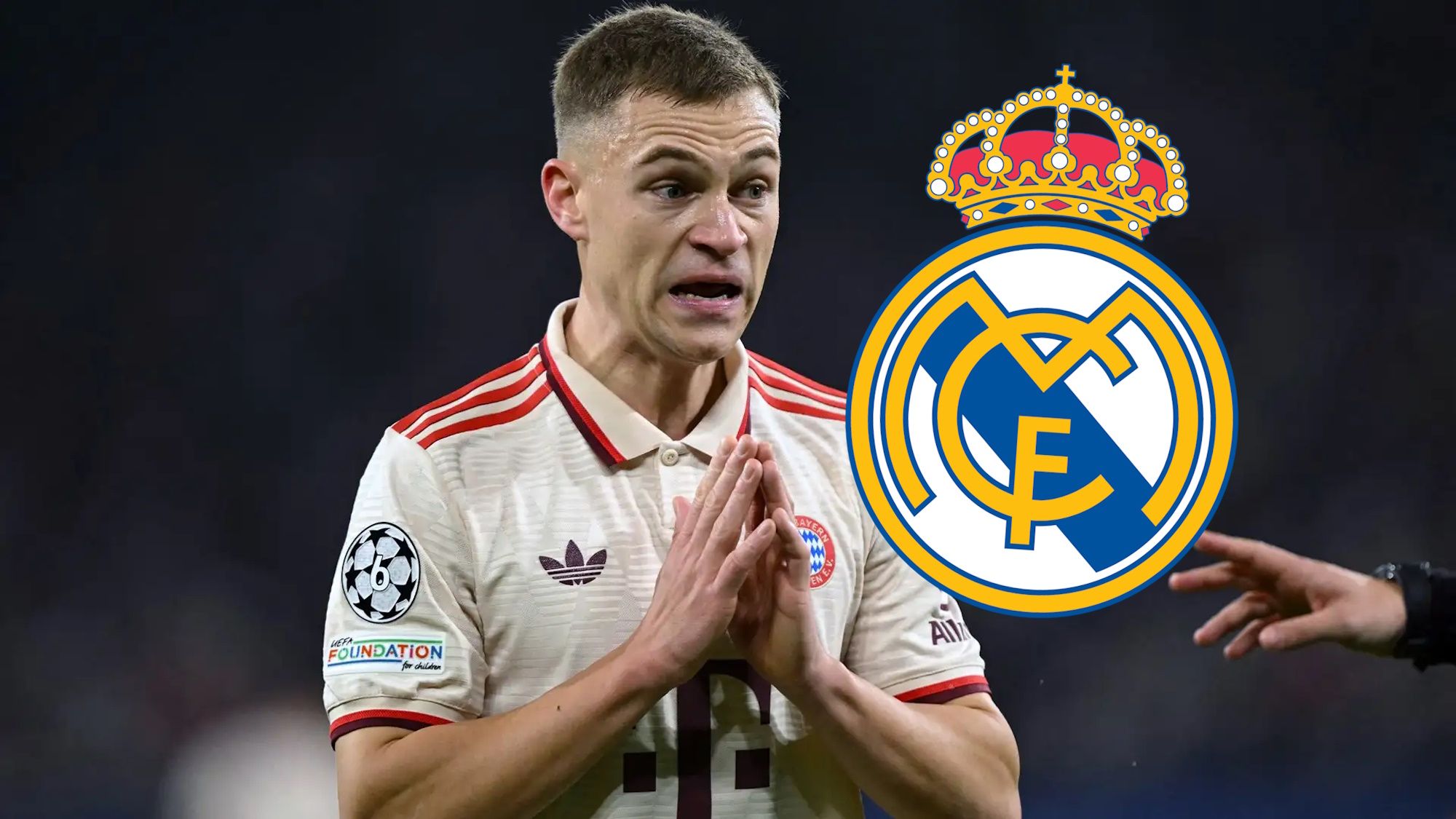 Kimmich con el Bayern y escudo del Real Madrid