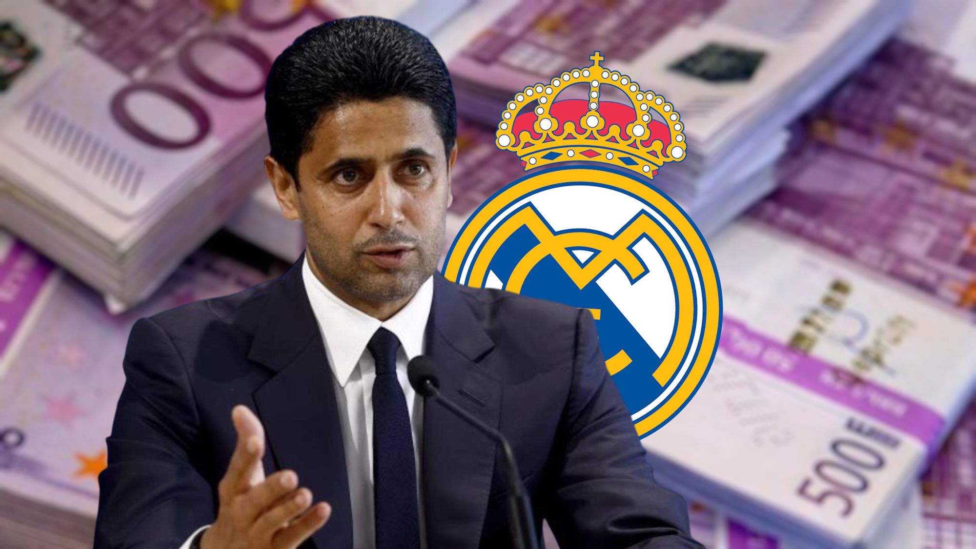 Al Khelaifi con escudo del Real Madrid y dinero de fondo