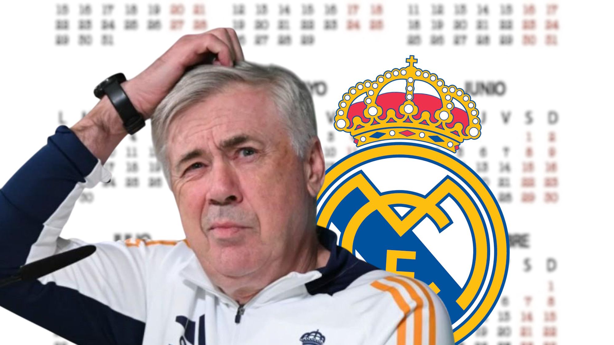 Carlo Ancelotti pensativo con escudo Real Madrid y calendario de fondo
