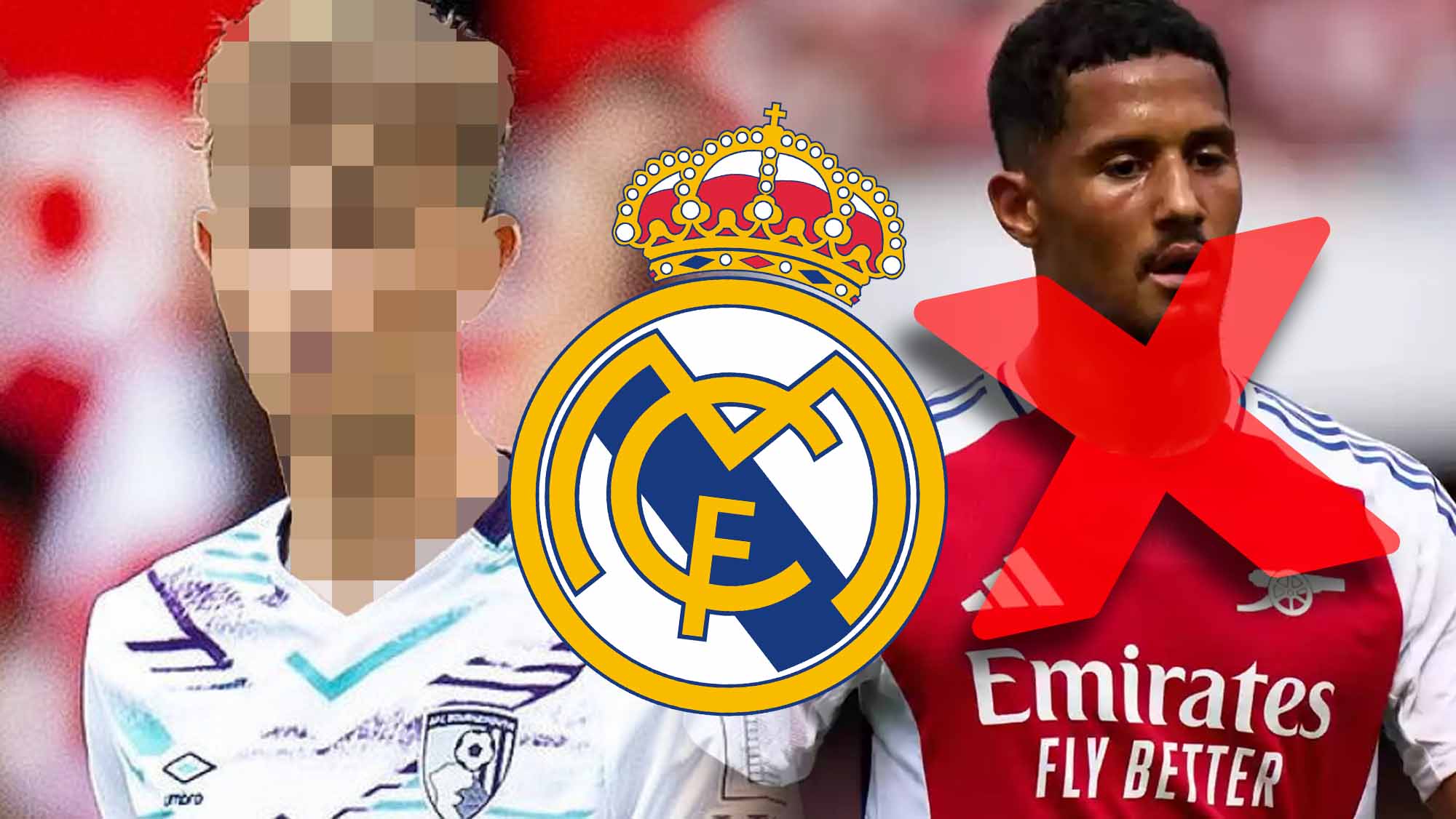 Jugador de incógnito con Saliba tachado y escudo RM Jugador de incógnito con Saliba tachado y escudo RM