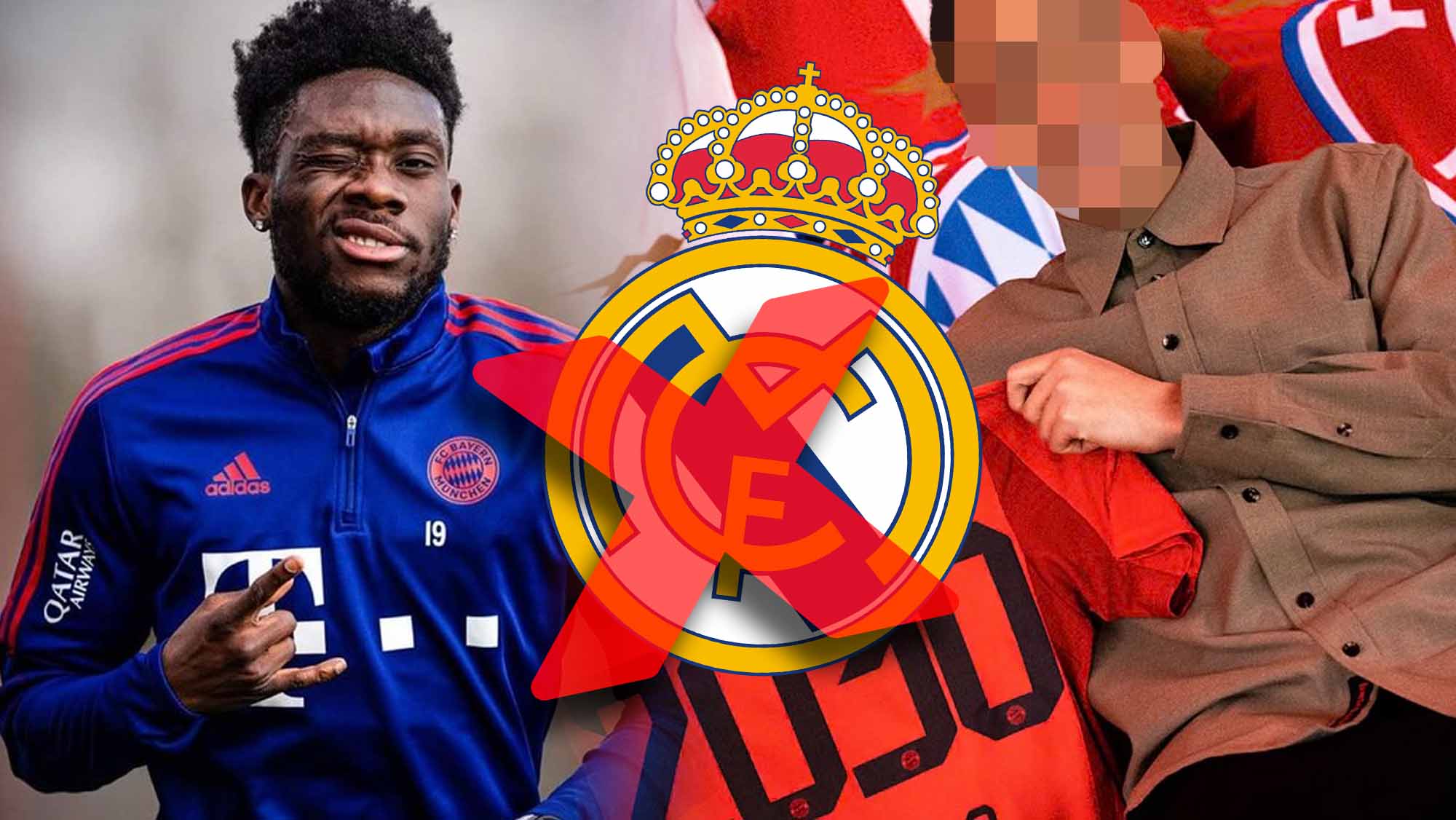 Davies sonriendo con jugador de incógnito y escudo RM tachado Davies sonriendo con jugador de incógnito y escudo RM tachado