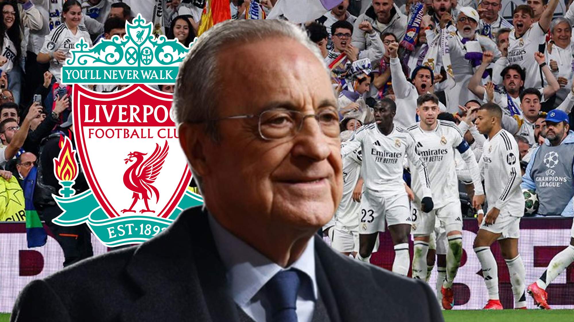 Florentino Pérez, escudo del Liverpool y jugadores del Real Madrid.