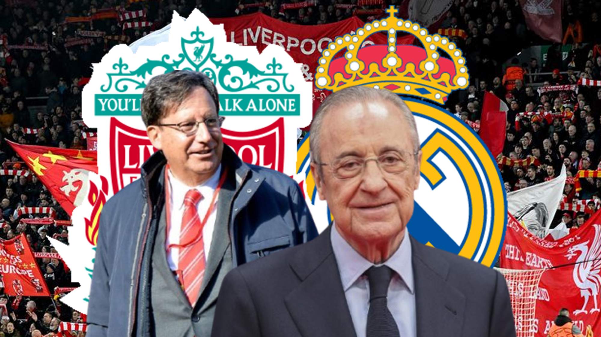 Presidente del Liverpool, Florentino Pérez y escudos del Liverpool y del Real Madrid.