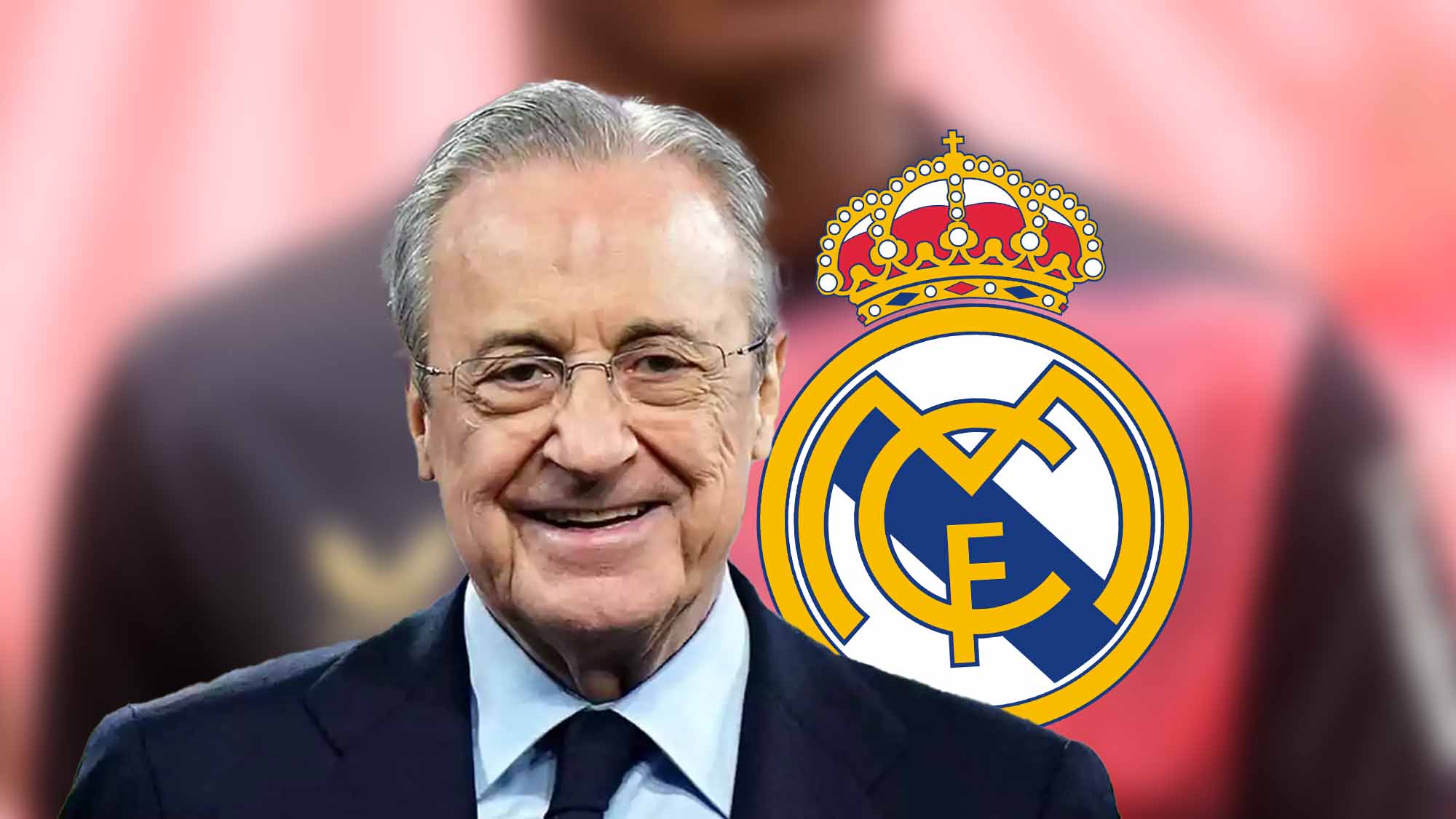 Florentino sonriente con jugador de incógnito detrás y escudo RM