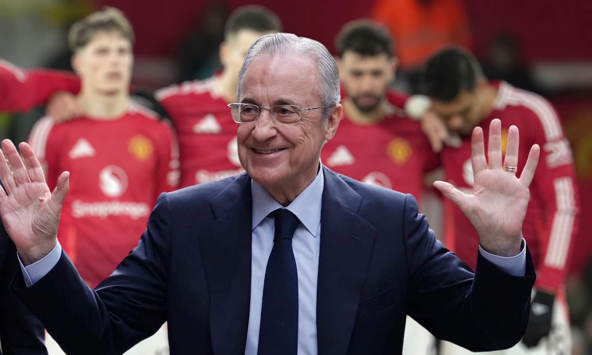Florentino Pérez y jugadores del Manchester United de fondo Florentino Pérez y jugadores del Manchester United de fondo