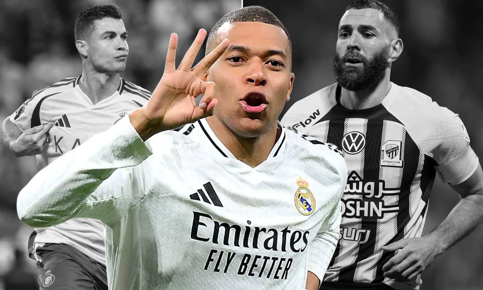 Mbappé con Ronaldo y Benzema en blanco y negro de fondo Mbappé con Ronaldo y Benzema en blanco y negro de fondo