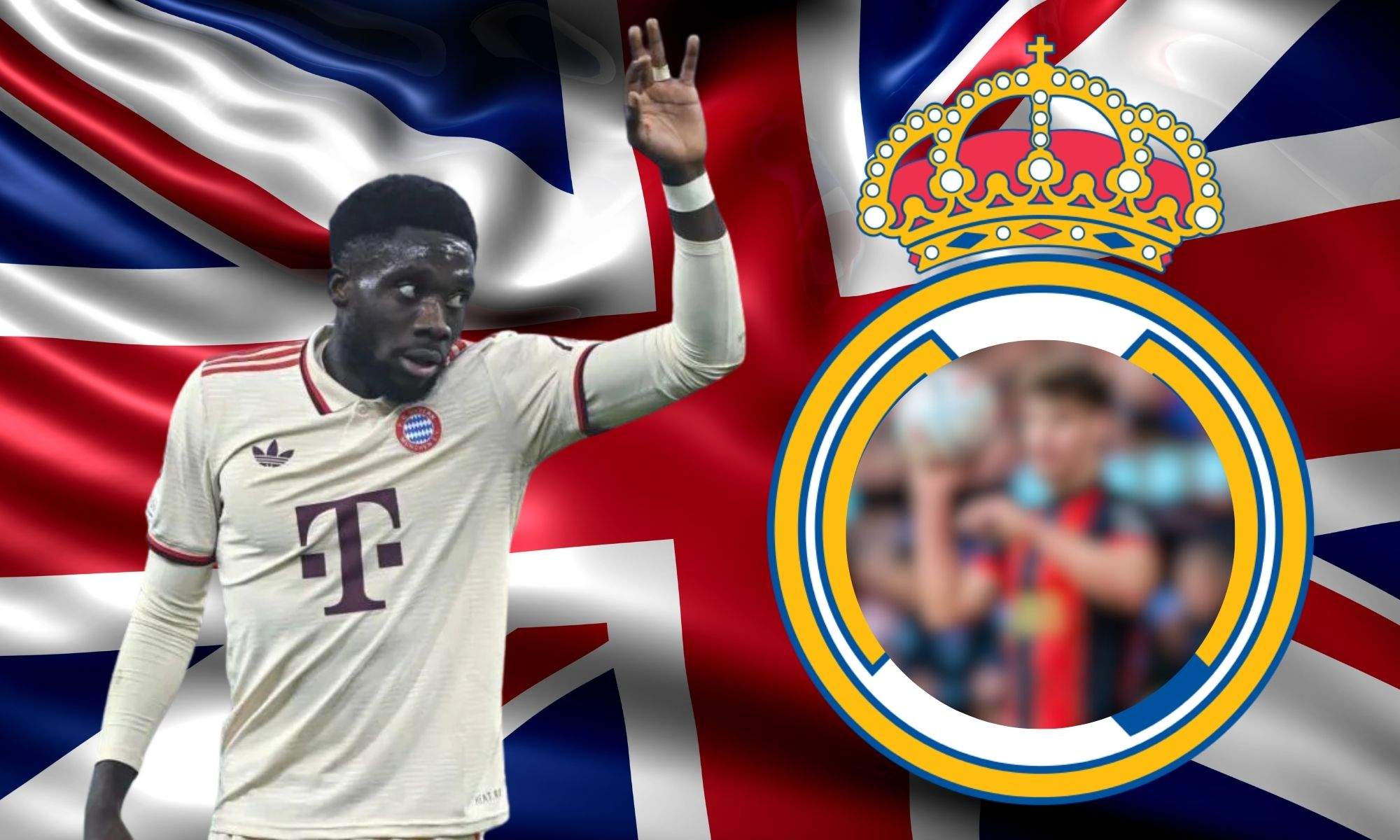 Davies sobre la bandera de Inglaterra y Kerkez difuminado sobre el escudo RealMadrid Davies sobre la bandera de Inglaterra y Kerkez difuminado sobre el escudo RealMadrid