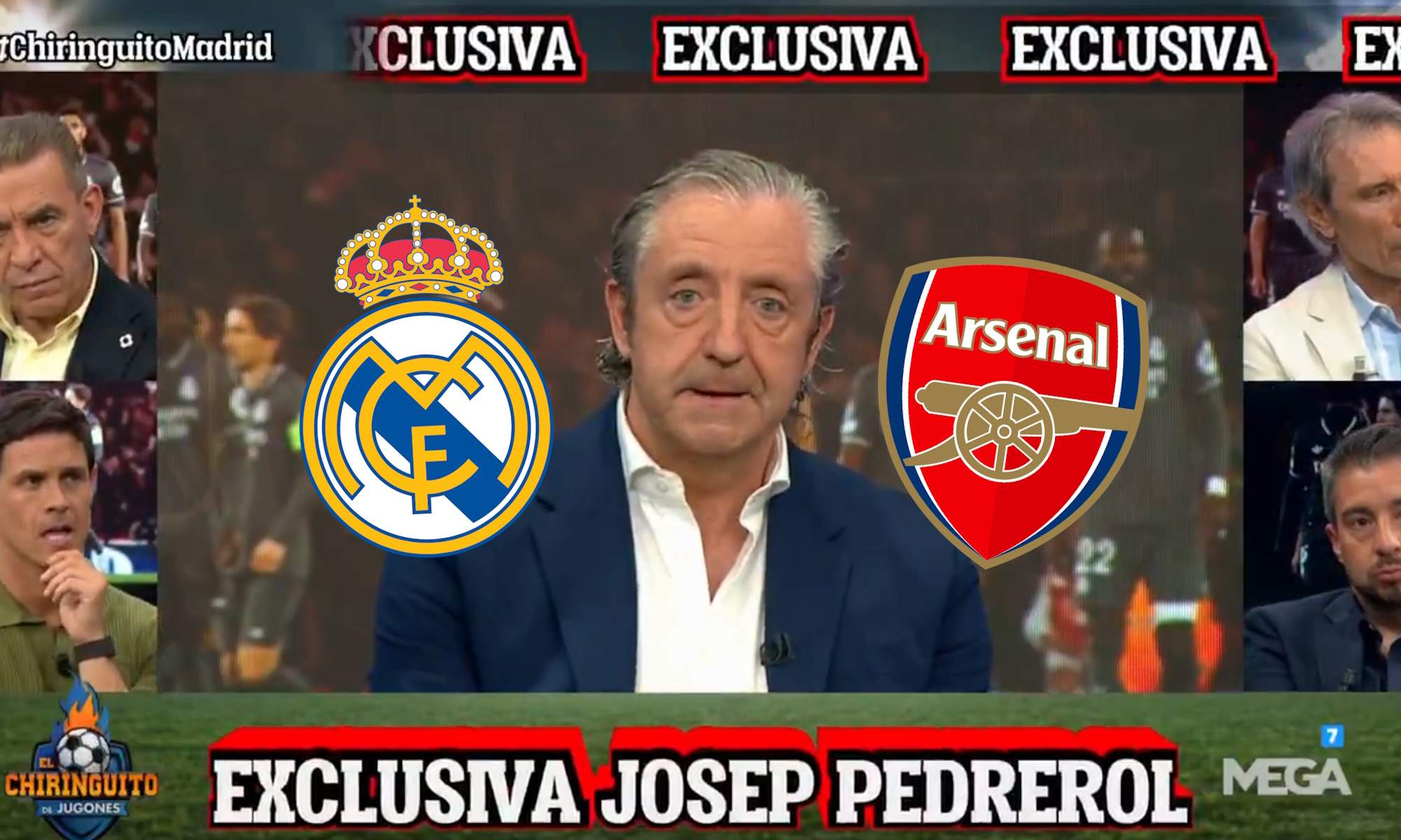 Josep Pedrerol en el Chiringuito y escudos Real Madrid y Arsenal Josep Pedrerol en el Chiringuito y escudos Real Madrid y Arsenal