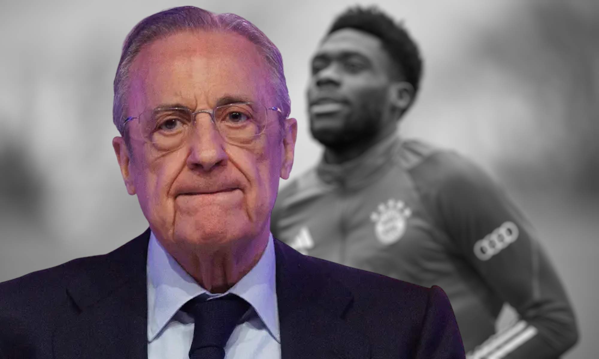 Florentino Pérez preocupado con Davies en blanco y negro de fondo Florentino Pérez preocupado con Davies en blanco y negro de fondo