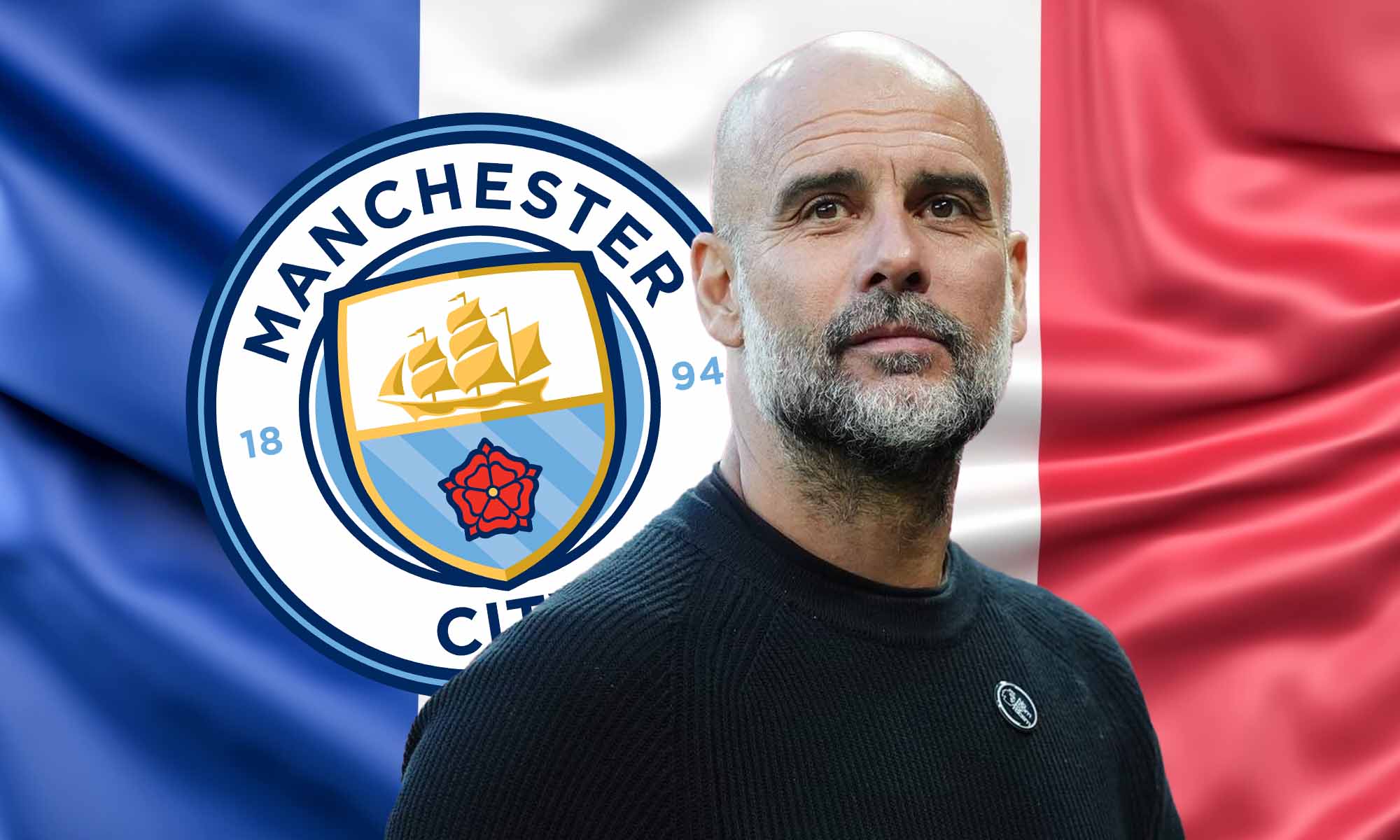 Guardiola con escudo City y fondo Francia