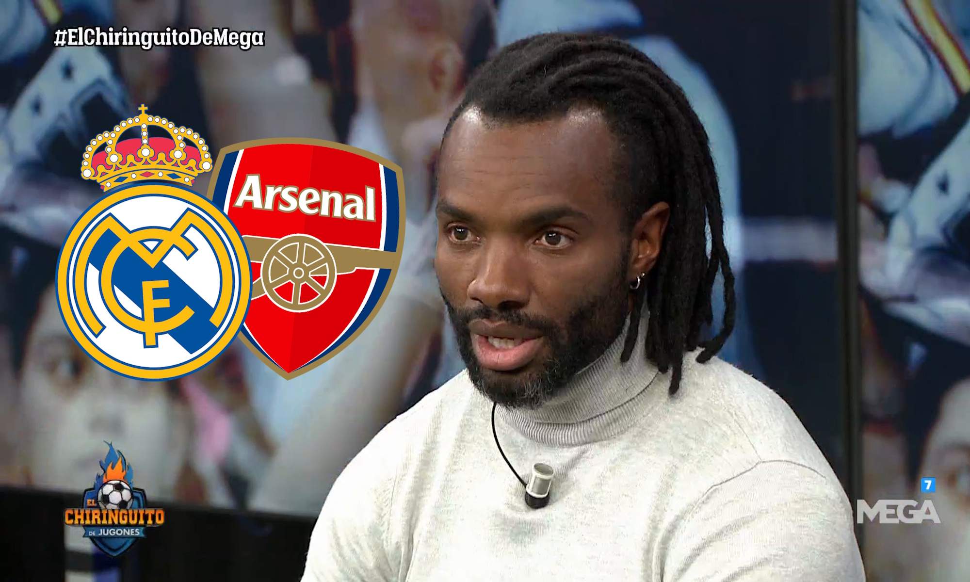 Javi Balboa en el Chiringuito y escudos Real Madrid - Arsenal Javi Balboa en el Chiringuito y escudos Real Madrid - Arsenal