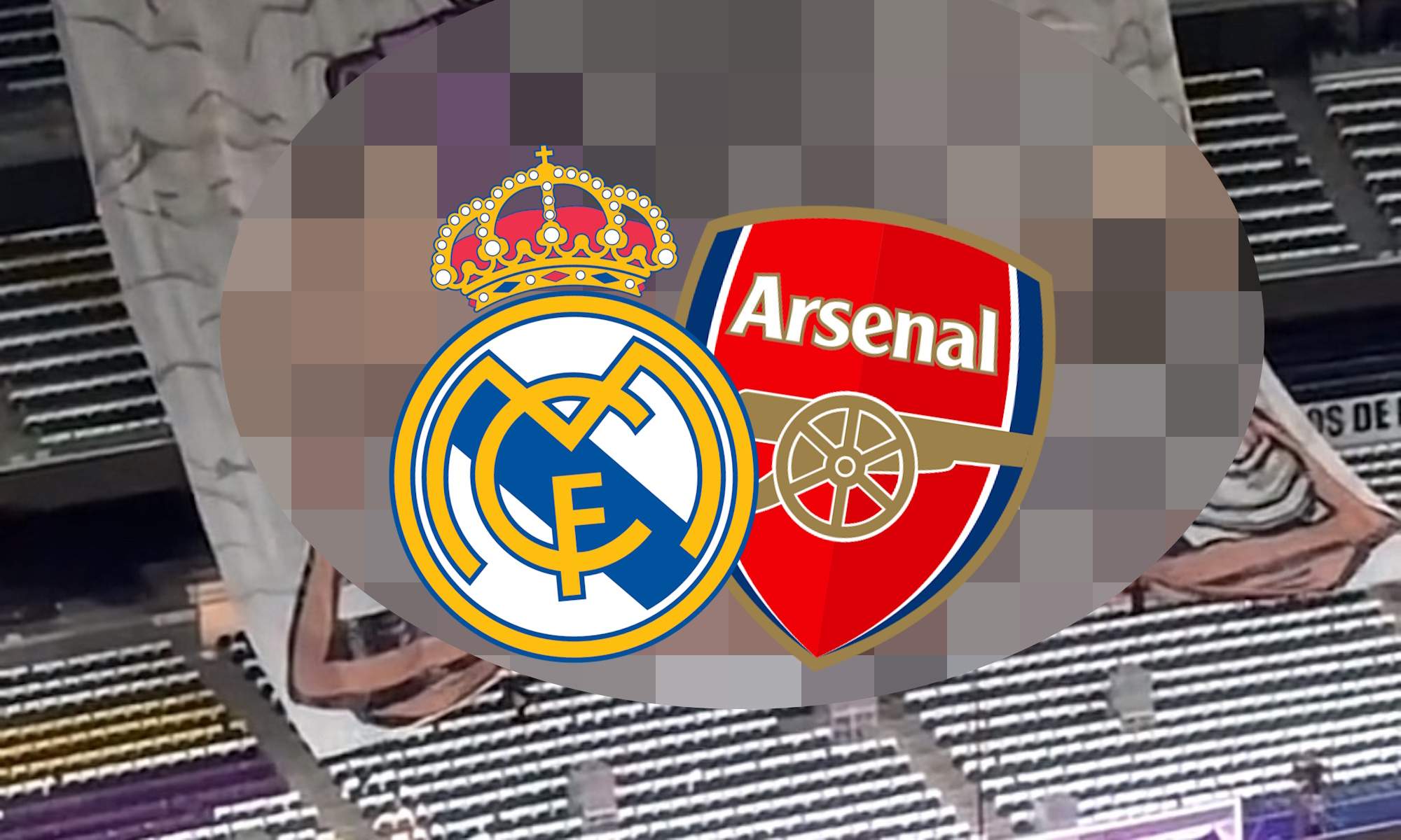El tifo del Bernabéu pixelado y escudos de Real Madrid y Arsenal