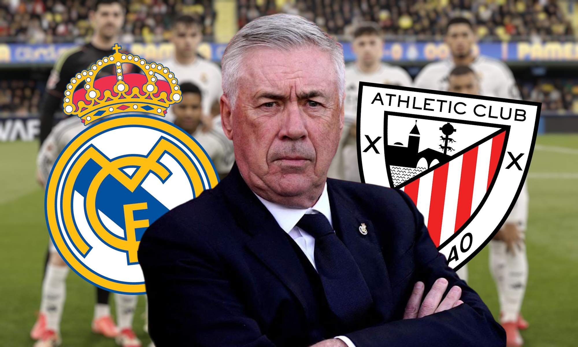 Carlo Ancelotti serio delante de los escudos del Real Madrid y del Athletic Club de Bilbao y un once del Real Madrid