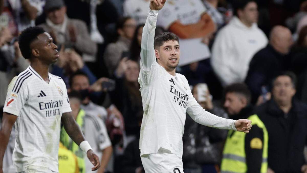 Fede Valverde después de marcar su gol ayer en el Bernabéu
