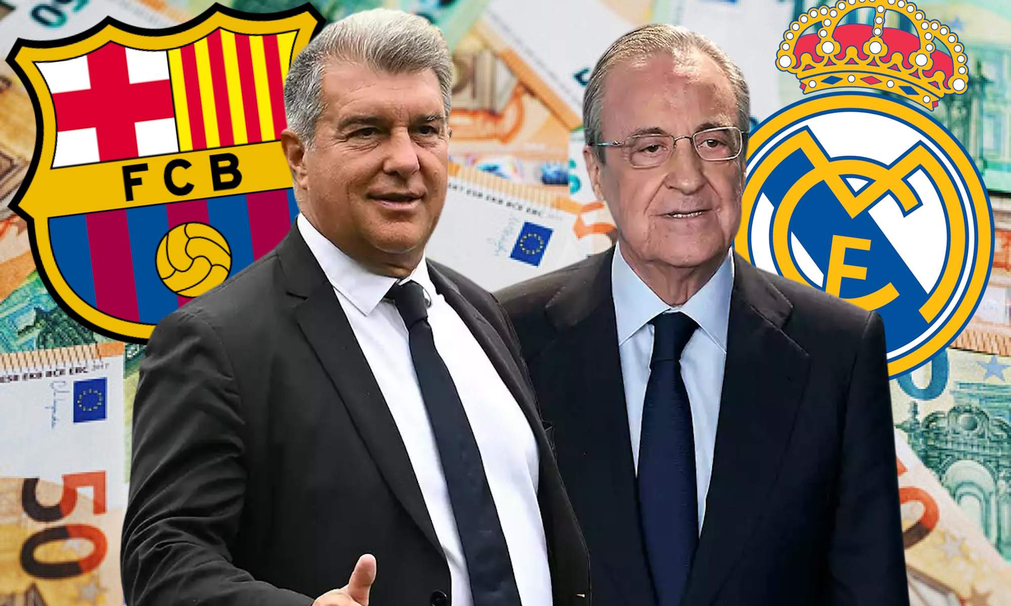 Joan Laporta y Florentino Pérez delante de los escudos de Barça y Real Madrid y de un fondo con dinero en euros
