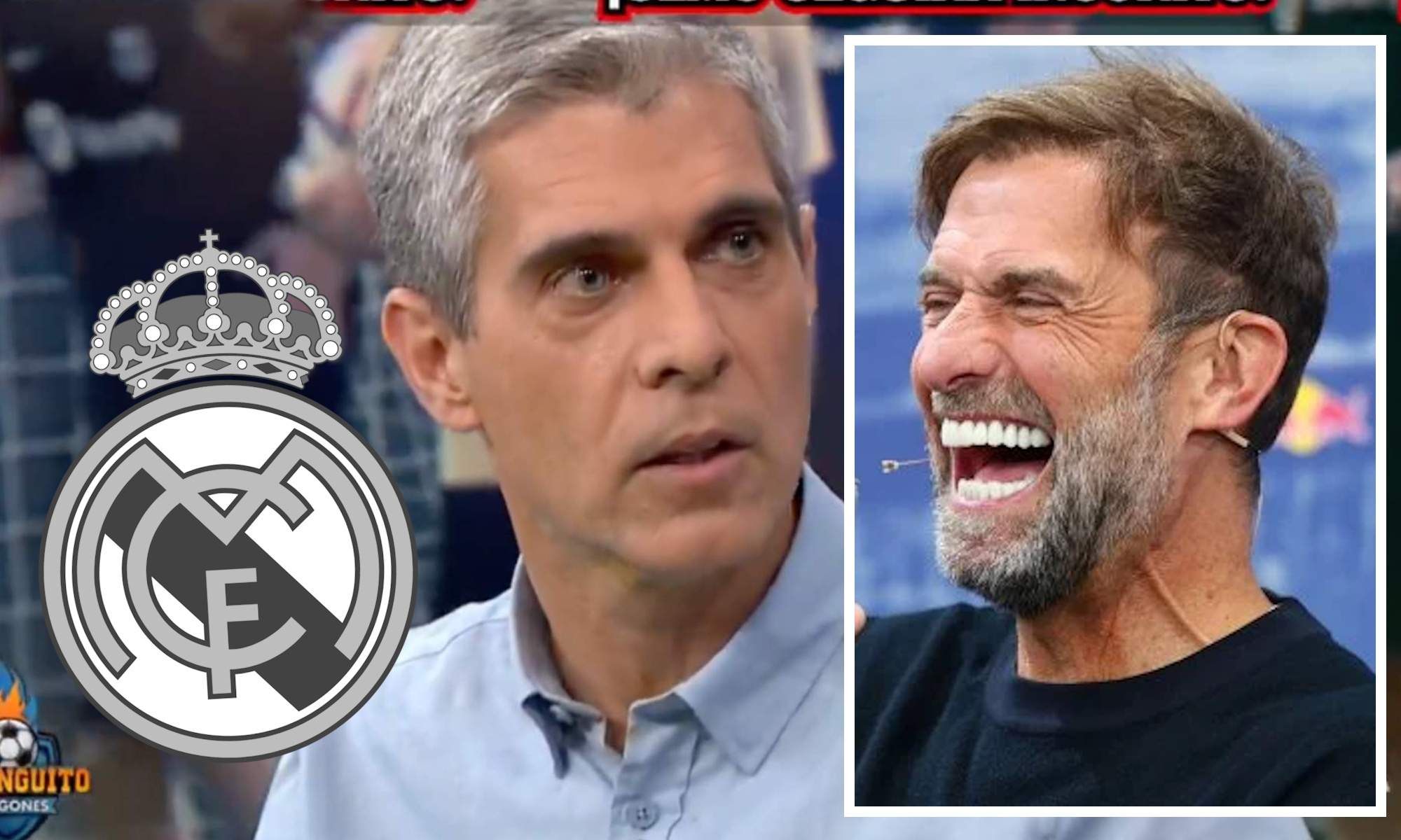 José Luis Sánchez, con escudo Real Madrid en blanco y negro y Kloop en recuadro José Luis Sánchez, con escudo Real Madrid en blanco y negro y Kloop en recuadro