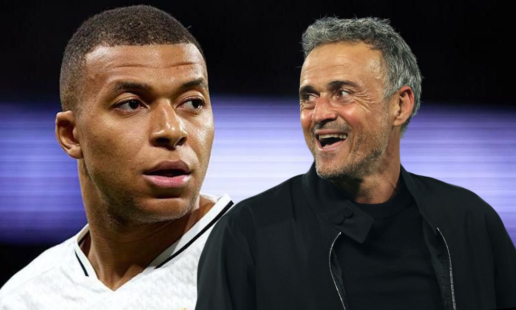 Mbappé del Real Madrid serio y Luis Enrique riendo