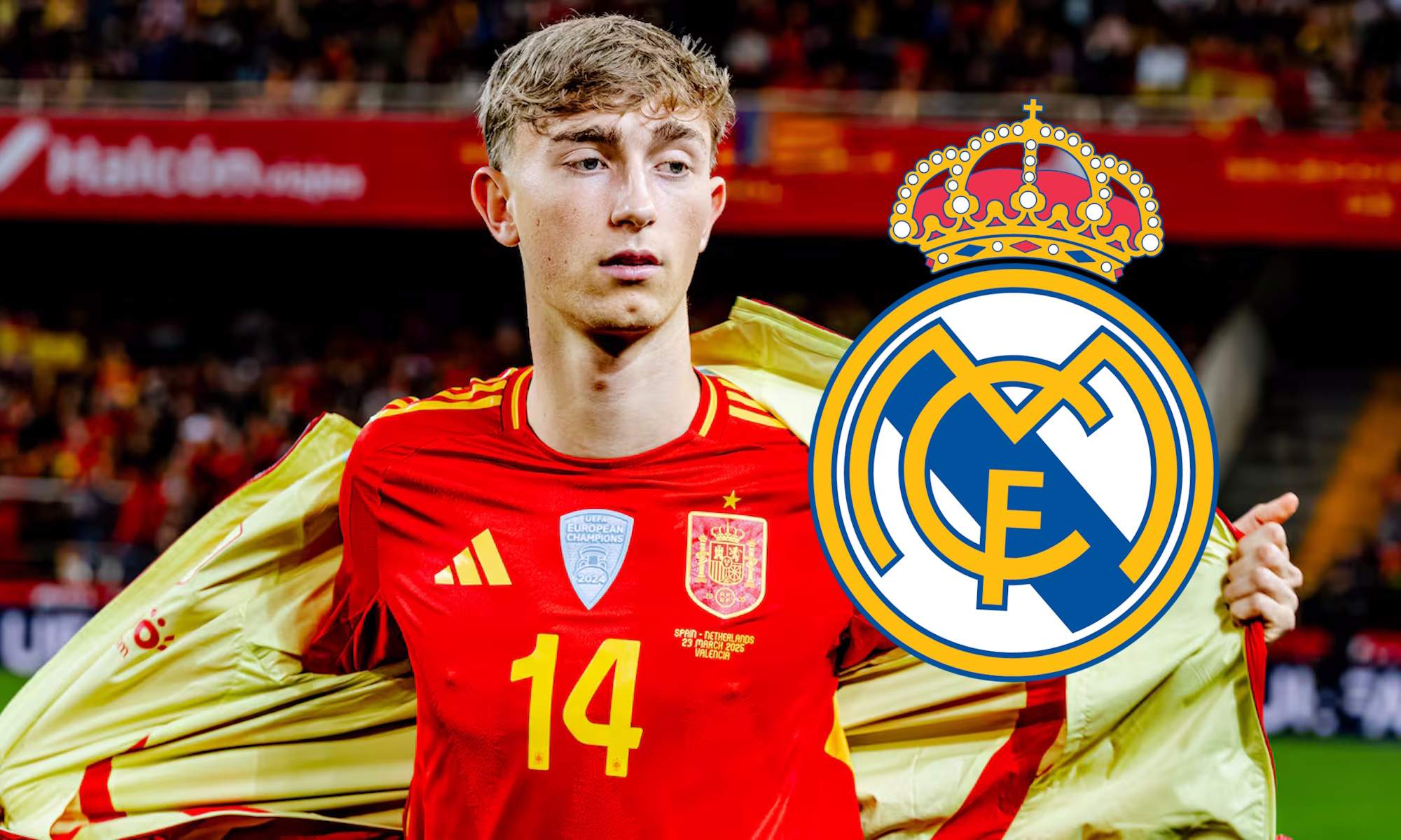 Dean Huijsen con España y escudo del Real Madrid