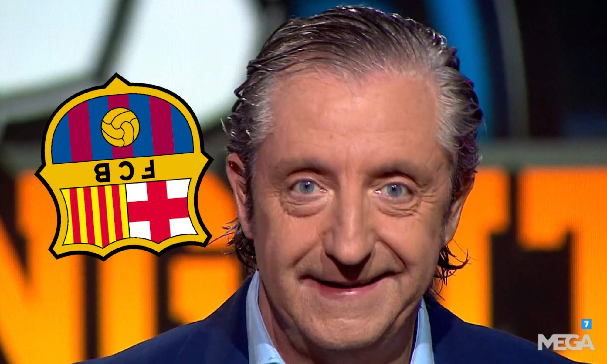Josep Pedrerol riendo y escudo del Barça al revés Josep Pedrerol riendo y escudo del Barça al revés