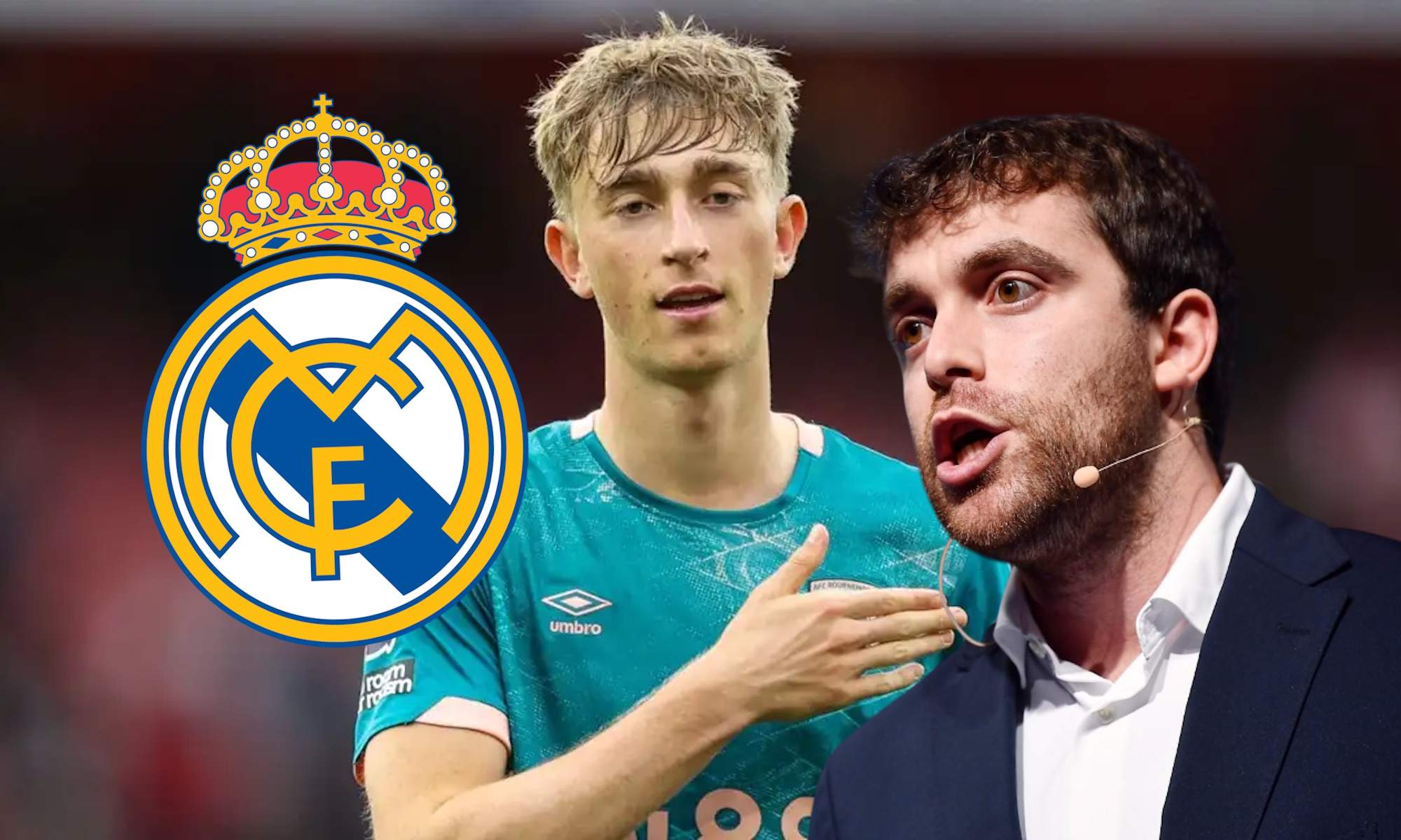 Huijsen, Fabrizio Romano y escudo del Real Madrid Huijsen, Fabrizio Romano y escudo del Real Madrid