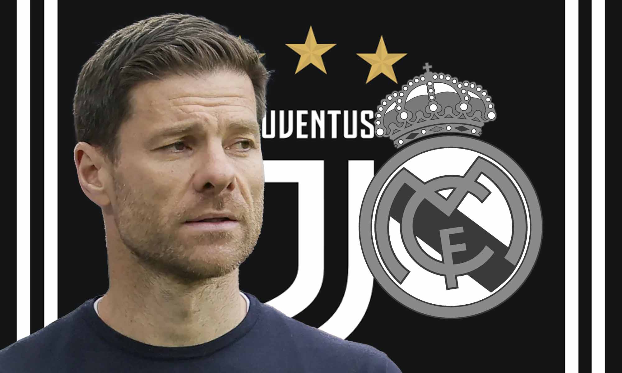 Xabi con escudo Real Madrid en blanco y negro y fondo Juventus