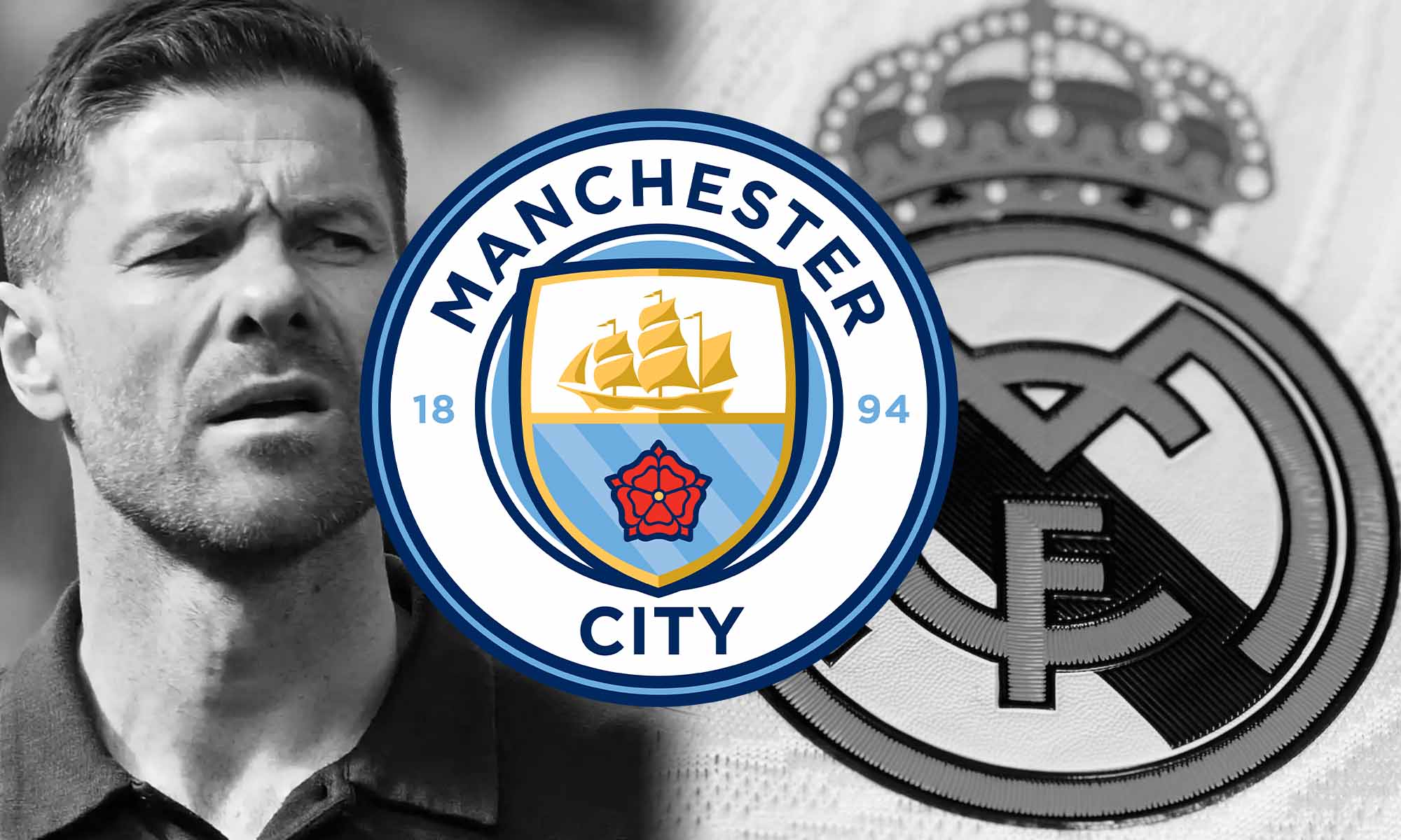 Xabi y escudo Real Madrid en blanco y negro y escudo City