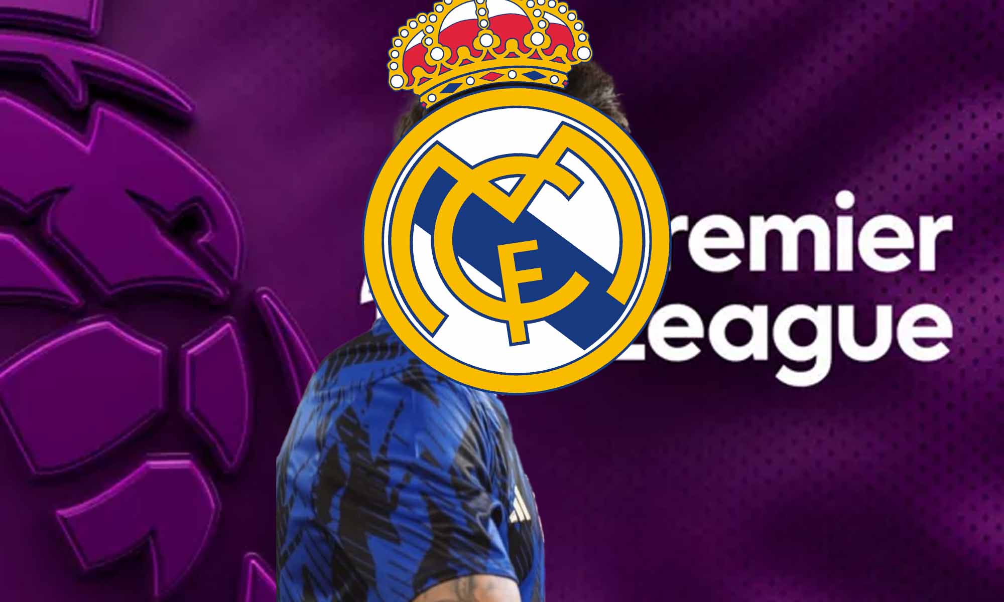 Jugador de incognito con escudo Real Madrid y fondo Premier Jugador de incognito con escudo Real Madrid y fondo Premier