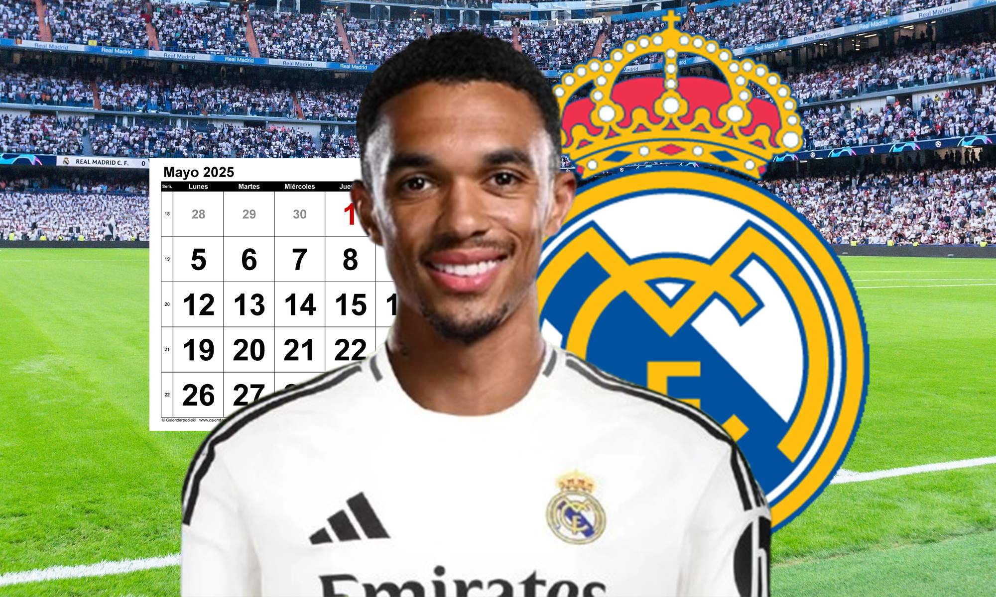 Alexander-Arnold, escudo del Real Madrid y el calendario del mes de mayo. 
