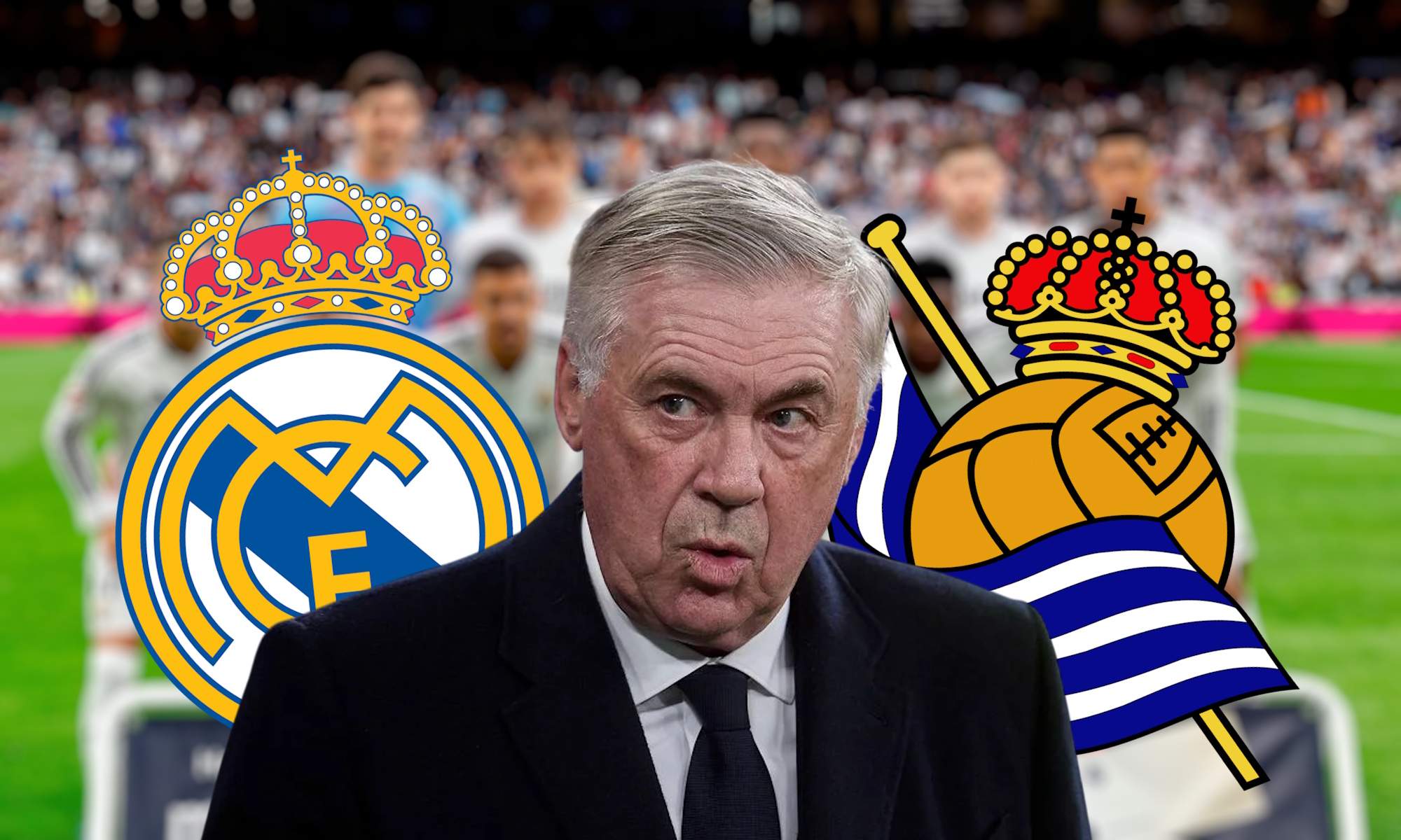Carlo Ancelotti con escudos Real Madrid y Real Sociedad y once del Real Madrid detrás Carlo Ancelotti con escudos Real Madrid y Real Sociedad y once del Real Madrid detrás