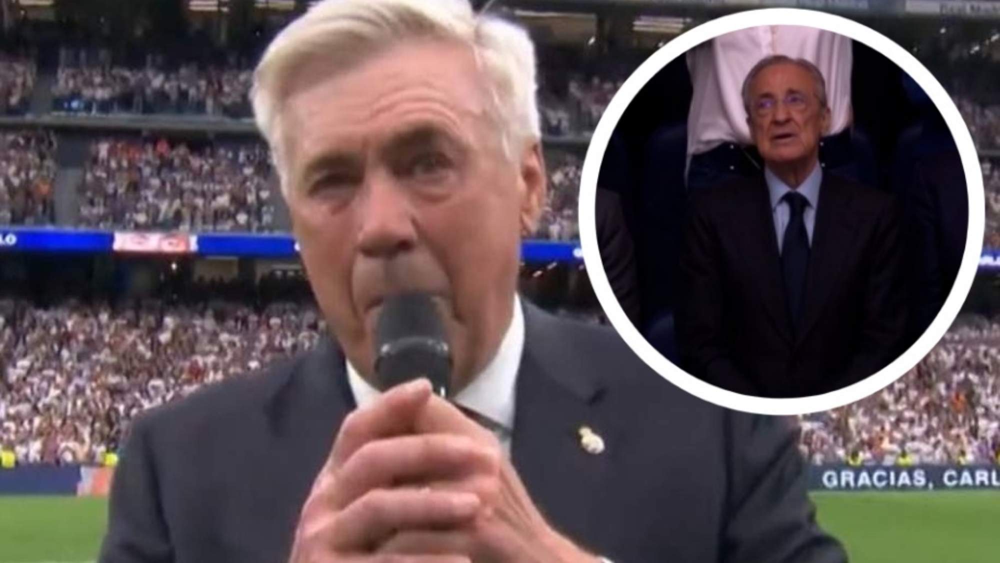 Carlo Ancelotti consiguió emocionar a Florentino Pérez en su despedida. Carlo Ancelotti consiguió emocionar a Florentino Pérez en su despedida.