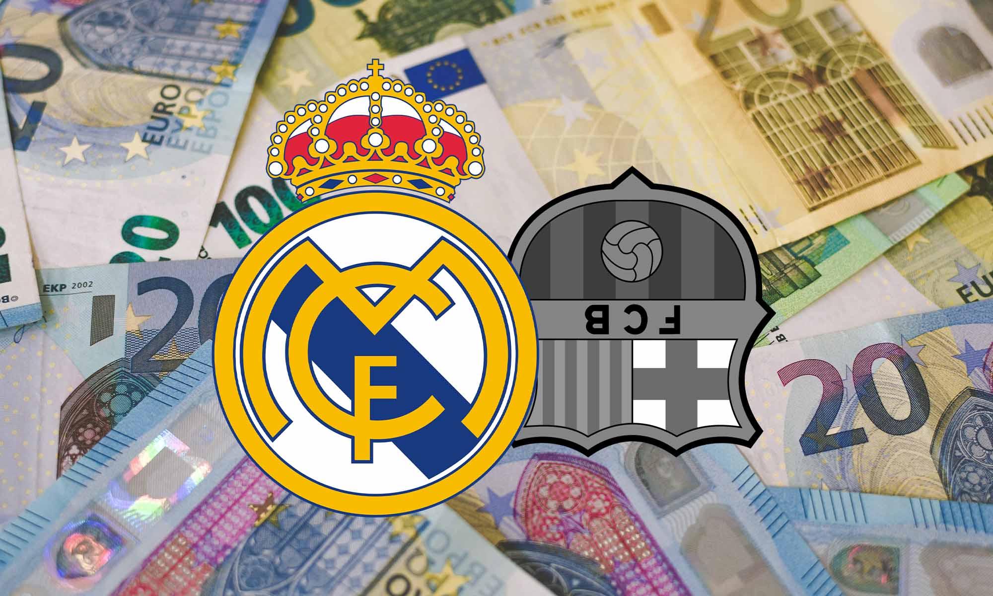 Escudo Real Madrid con Barcelona en bn y fondo dinero