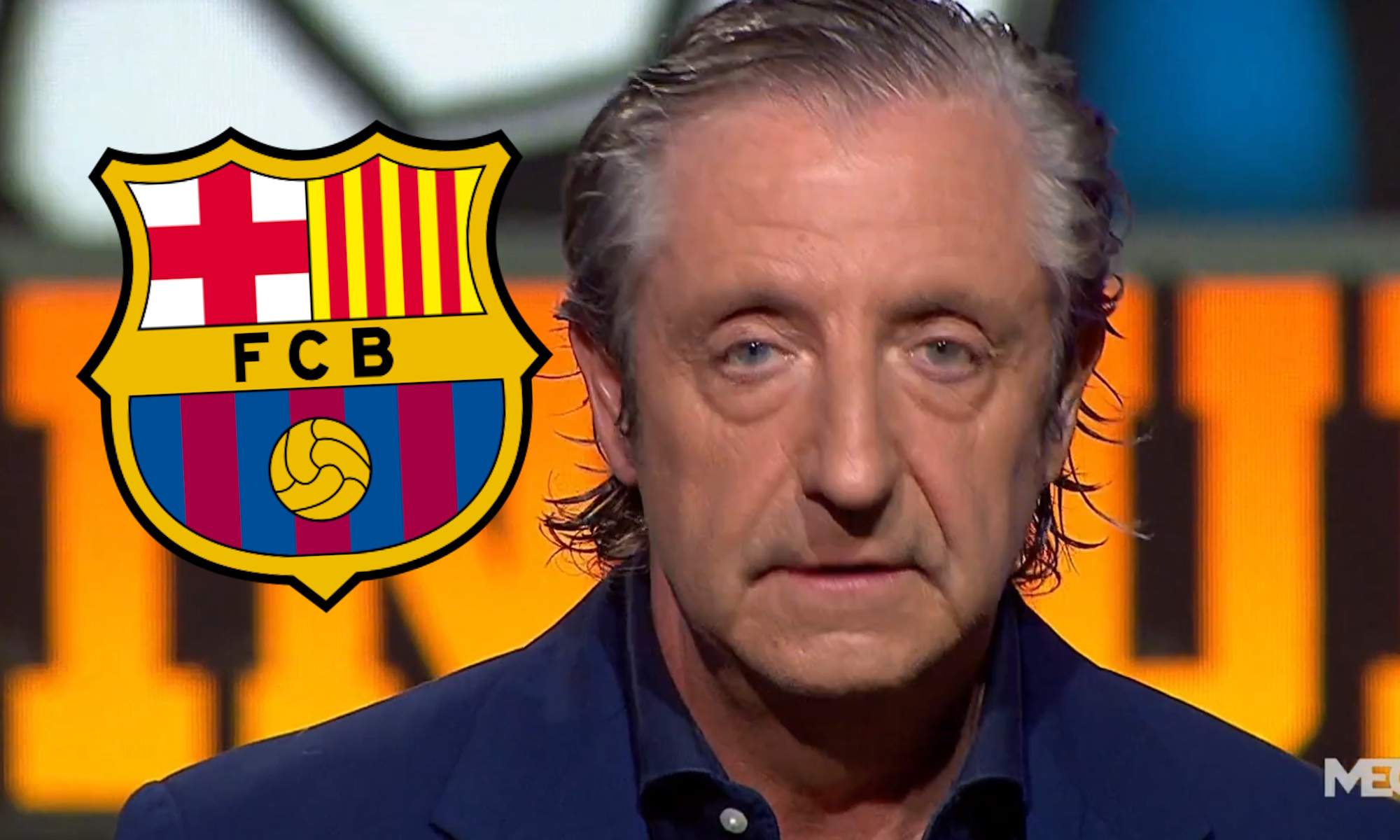 Pedrerol en el Chiringuito y escudo Barça Pedrerol en el Chiringuito y escudo Barça