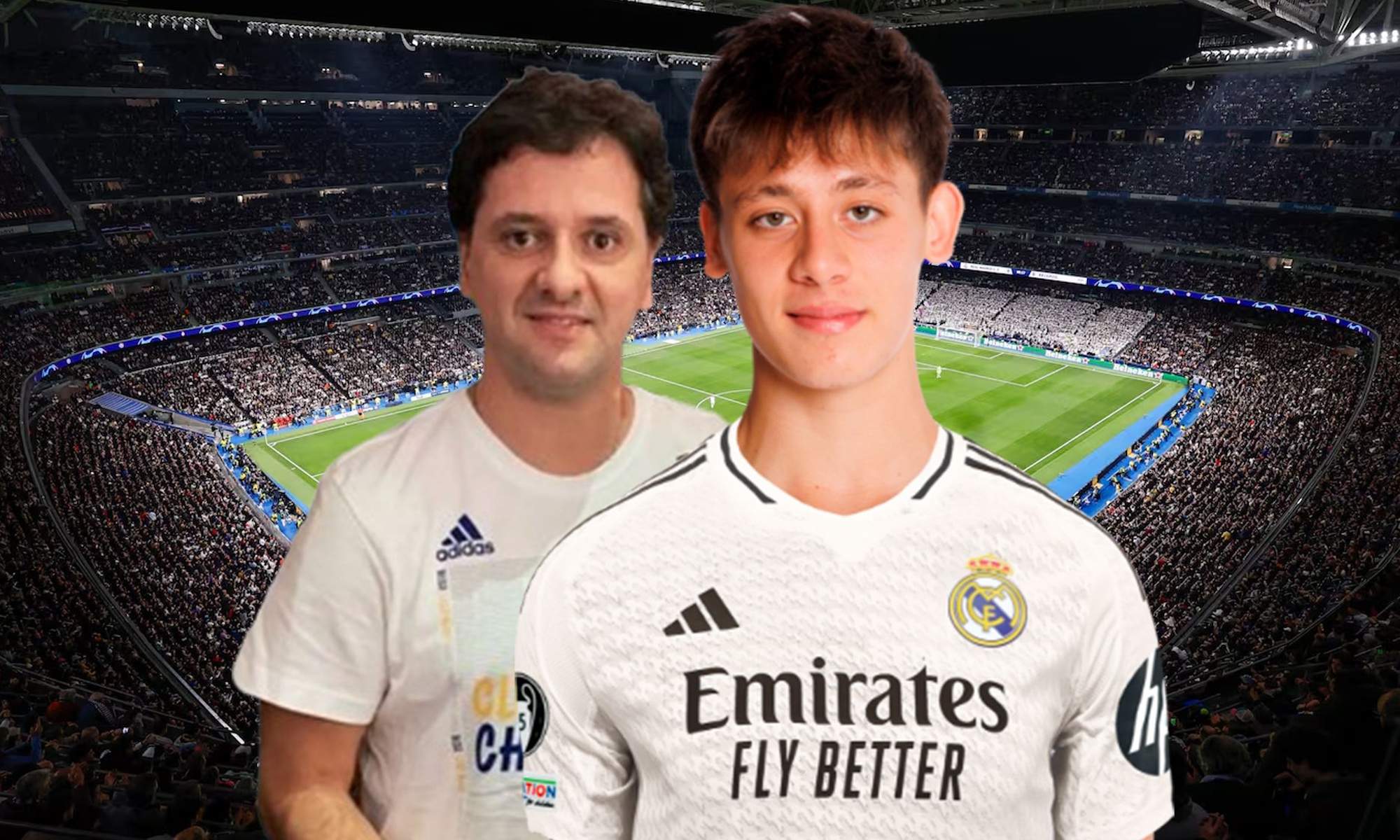 Juni Calafat y Arda Güler con fondo del Bernabéu Juni Calafat y Arda Güler con fondo del Bernabéu