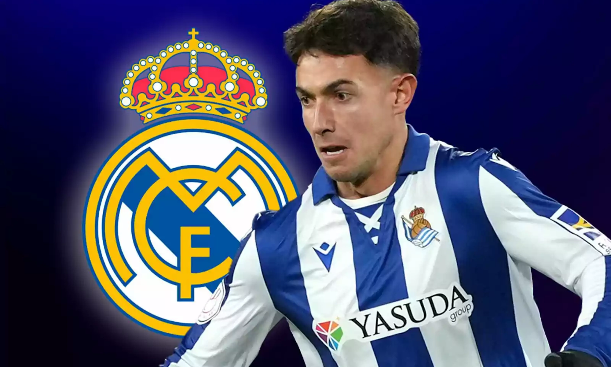 Martín Zubimendi con escudo del Real Madrid