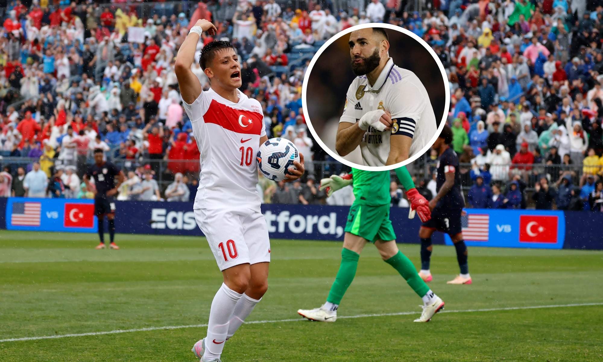 Arda Güler celebrando un gol con Turquía y Benzema en círculo