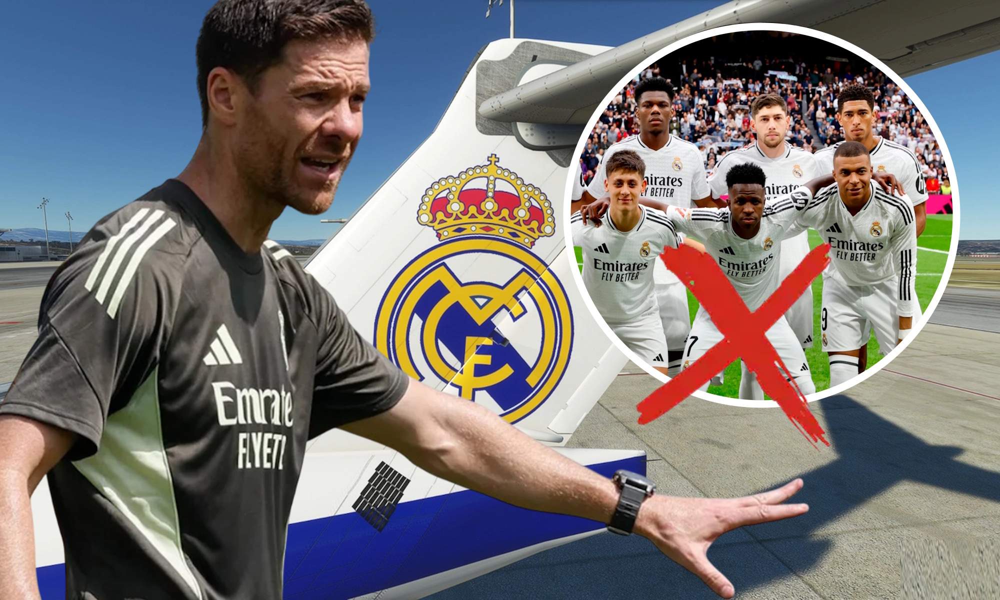Xabi Alonso, jugadores del Real Madrid en círculo tachados y fondo de avión con escudo