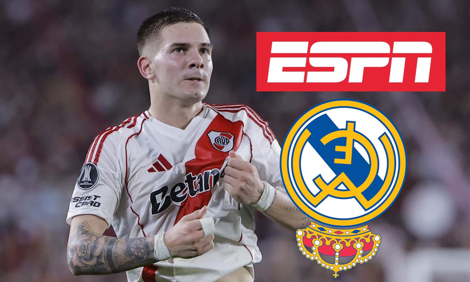 Franco Mastantuono con River y logo ESPN y escudo Real Madrid al revés Franco Mastantuono con River y logo ESPN y escudo Real Madrid al revés