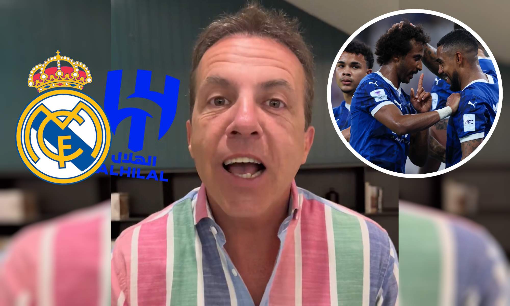 Cristóbal Soria, escudo del Al Hilal y el Real Madrid y jugadores Al Hilal en círculo Cristóbal Soria, escudo del Al Hilal y el Real Madrid y jugadores Al Hilal en círculo