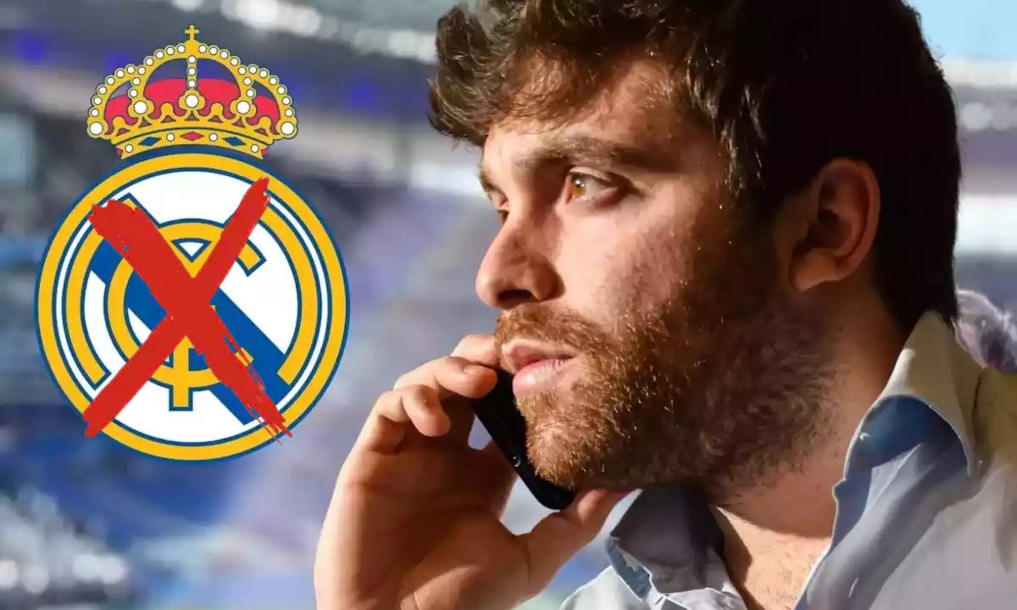 Fabrizio Romano y escudo Real Madrid tachado