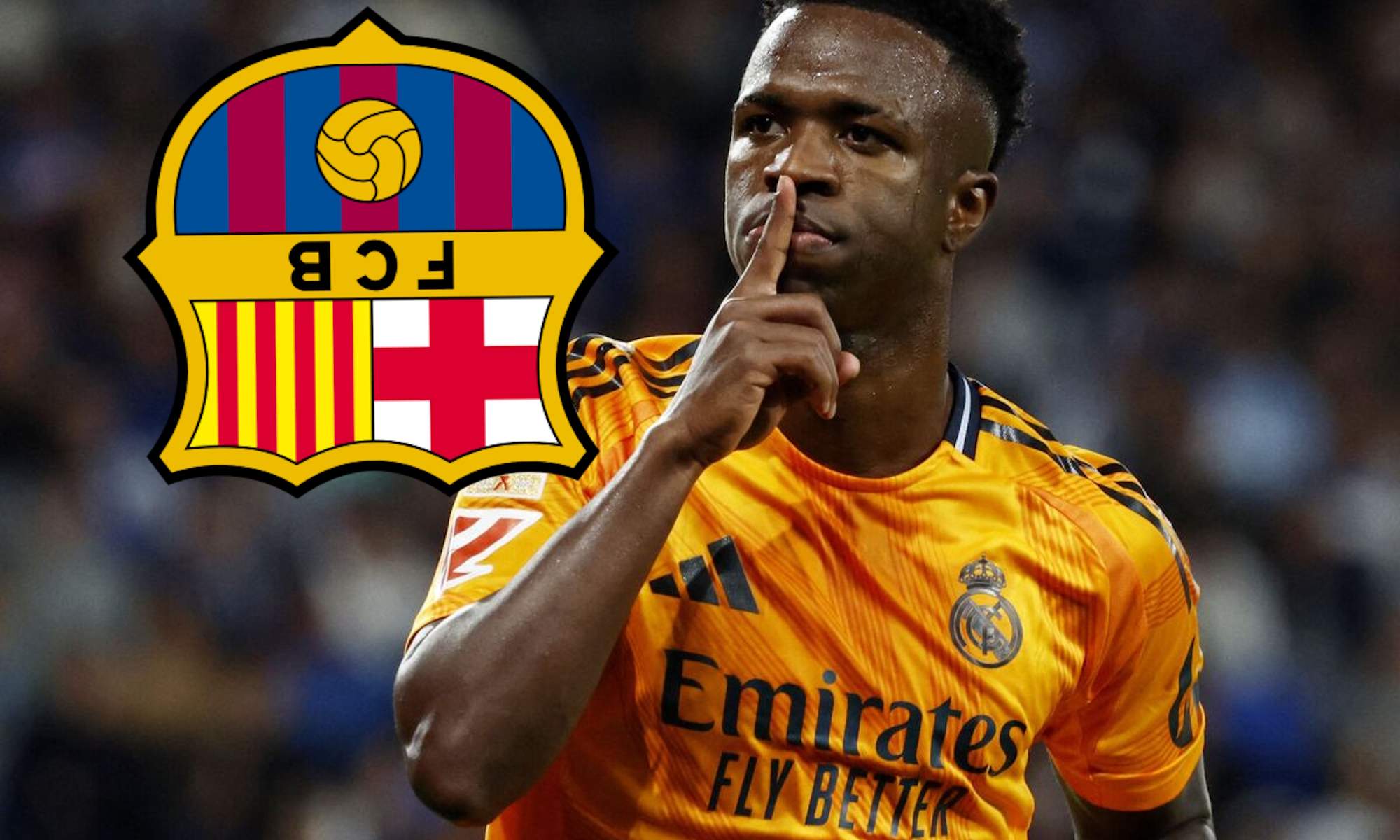 Vinicius mandando a callar y escudo del Barça al revés
