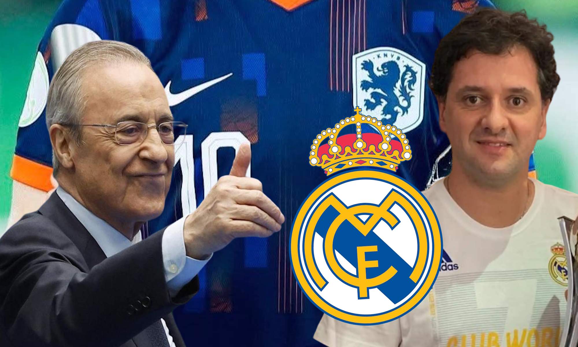 Juni Calafat y Florentino Pérez con escudo del Real Madrid y jugador de fondo Juni Calafat y Florentino Pérez con escudo del Real Madrid y jugador de fondo